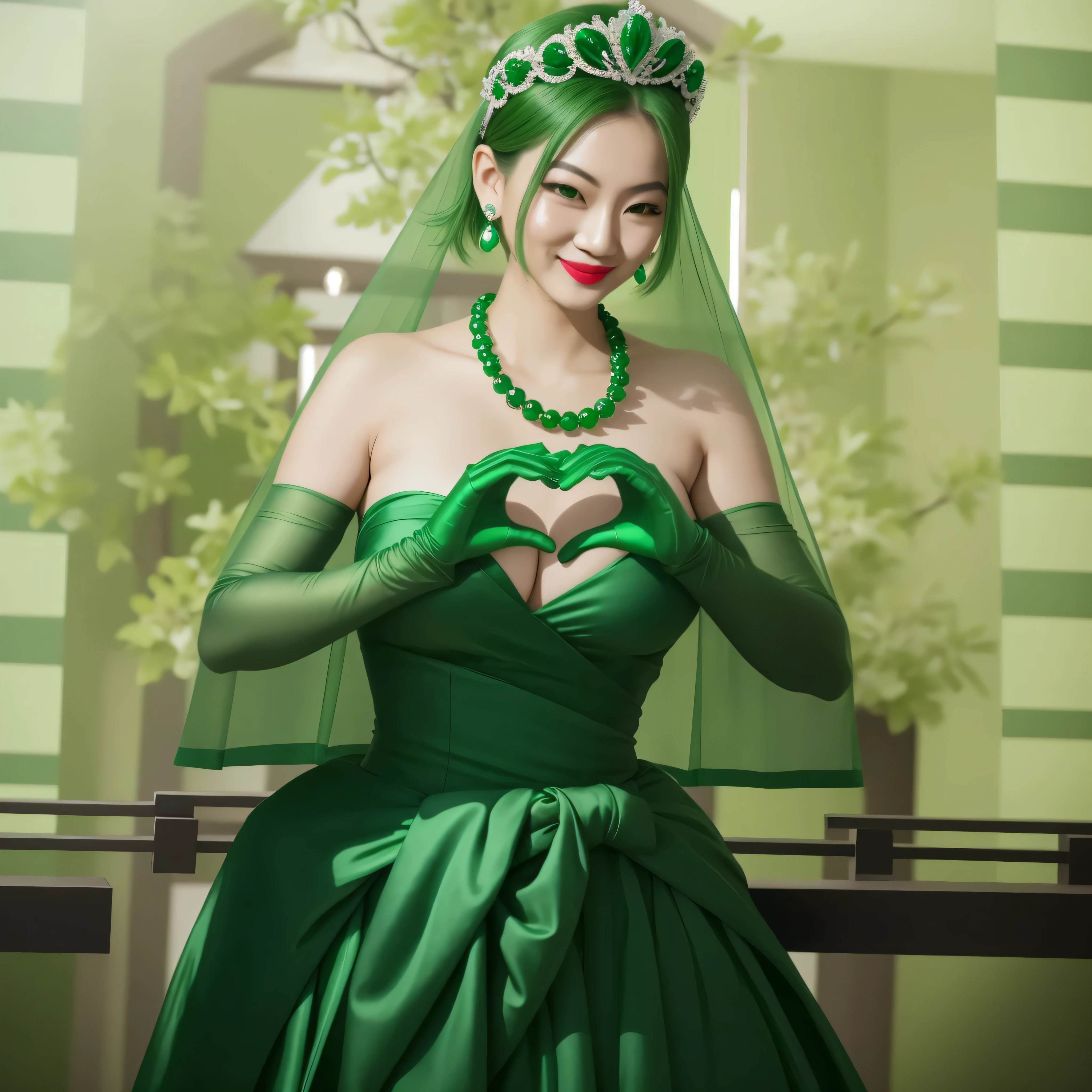 Emerald Tiara, Green Pearl Necklace, boyish very short green hair, Green Lips, Smiling Japanese woman, Very short hair, Beautiful woman with big breasts, Green Eyes, Green satin long gloves, Green Eyes, Emerald Earrings, Green Vale, Heart with both hands, Green Hair, Beautiful Japanese Women, Heart shaped hands:1.3, green lip gloss