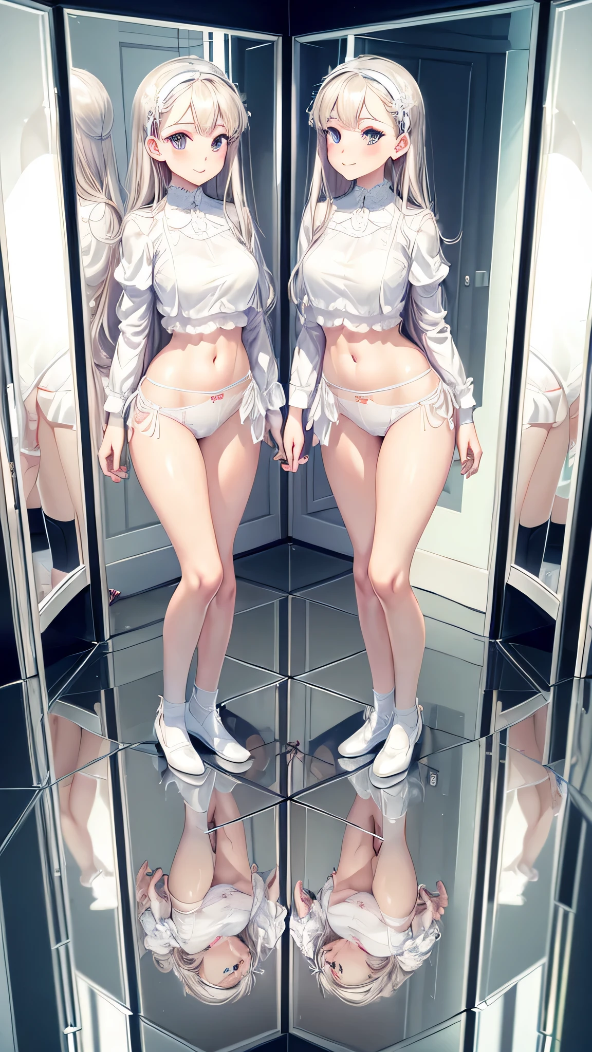 (masterpiece, highest quality), 1girl, full body, cameltoe, knee length skirt, open legs, ideal ratio body proportions, smiling, standing on mirrored floor , (white shiny panties:1.2), (panties reflected in a mirrored floor:1.5), (from above), mirrored floor, (floor focus:1.1),