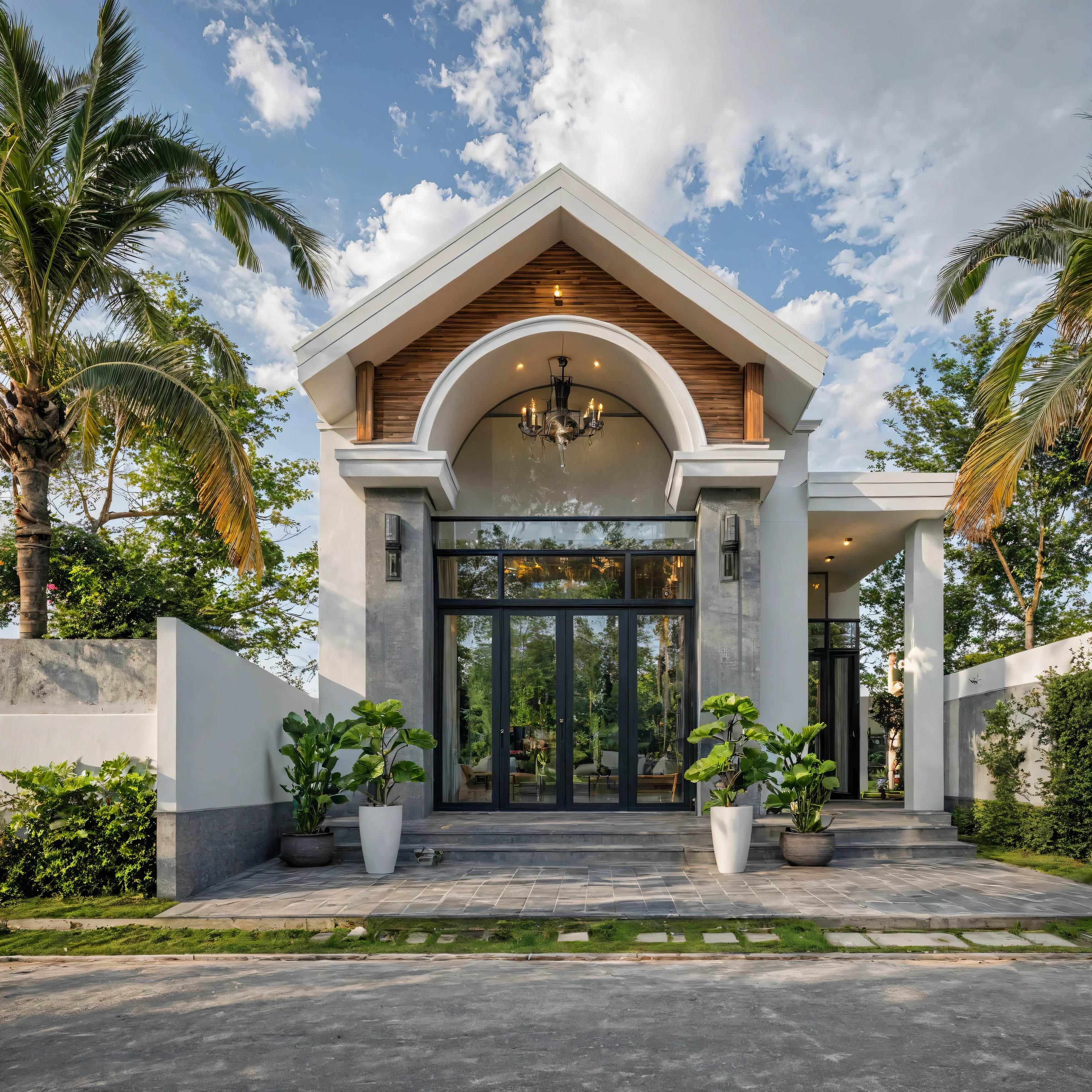 Masterpiece, high quality, best quality, authentic, super detail, outdoors, onestoreyvillaXL, aiaigroup, house style modern on the street ,stairs, white wall ,road,pavement, grass, trees, sky, cloud, (daylight:1.1)