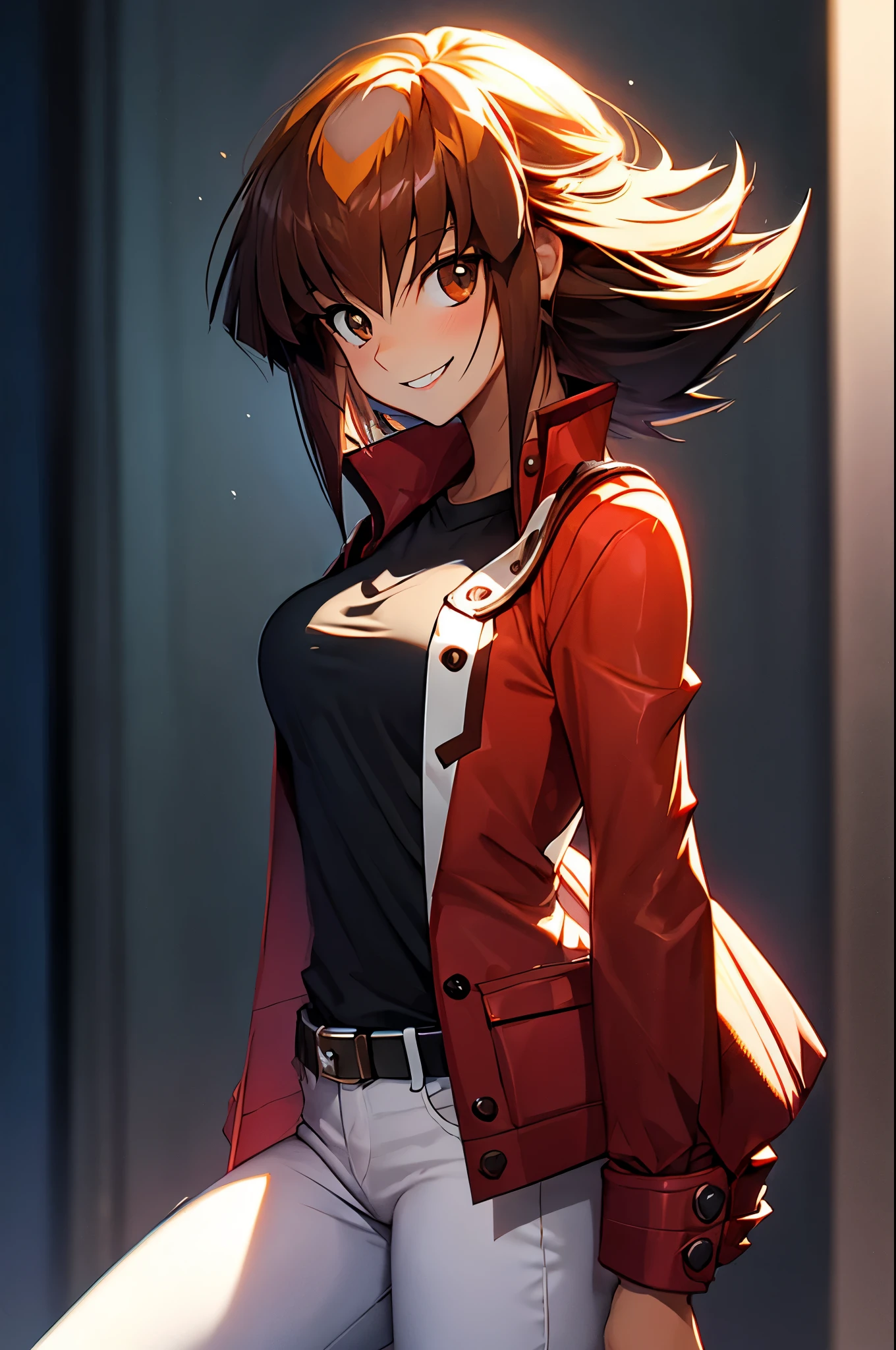 Yuuki Judai, 1girl,(female:1.5), Brown hair, Solo, Red jacket, Bangs, Black shirt, Open jacket, hair between eye, Long hair, Smile, White pants, red footwear,Duel Academy Uniforms (Yu-Gi-Oh! nffsw),
(Close Shot, Best Quality, hight resolution, 4K, Detailed Lighting, Shaders), 
Smile,
Looking at Viewer, Cowboy Shot,
