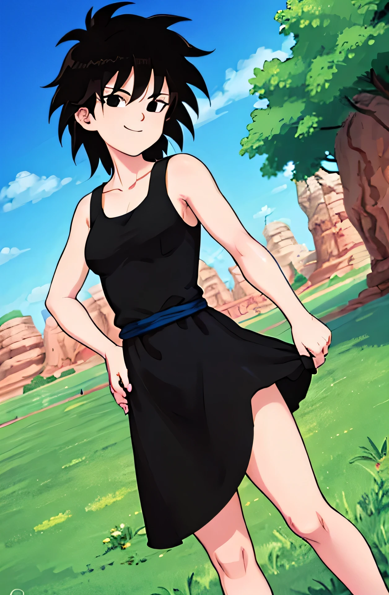 gine, black hair, spiky hair, breasts, bare shoulders, collarbone, black eyes,  little sleeveless black dress, looking at viewer, smiling, medium shot, standing, outside, park, grass, blue sky, high quality, masterpiece, close up