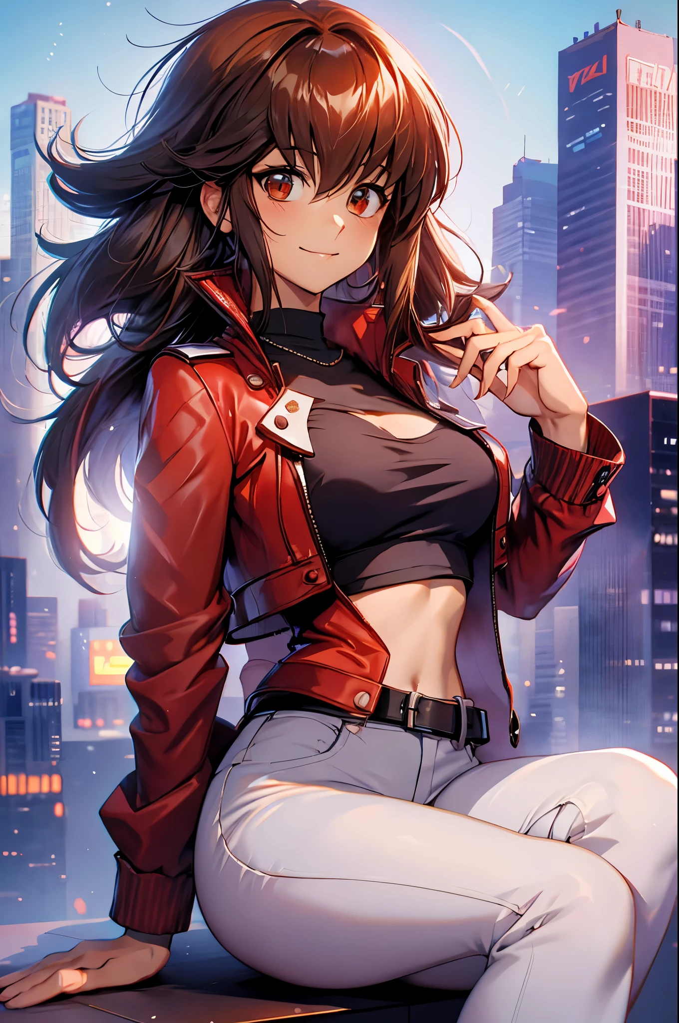 Yuuki Judai, 1girl,(female:1.5), Brown hair, Solo, Red jacket, Bangs, Black shirt, Open jacket, hair between eye, Long hair, Smile, White pants, red footwear,Duel Academy Uniforms (Yu-Gi-Oh! nffsw),
(Close Shot, Best Quality, hight resolution, 4K, Detailed Lighting, Shaders), 
Smile,
Looking at Viewer, Cowboy Shot,
