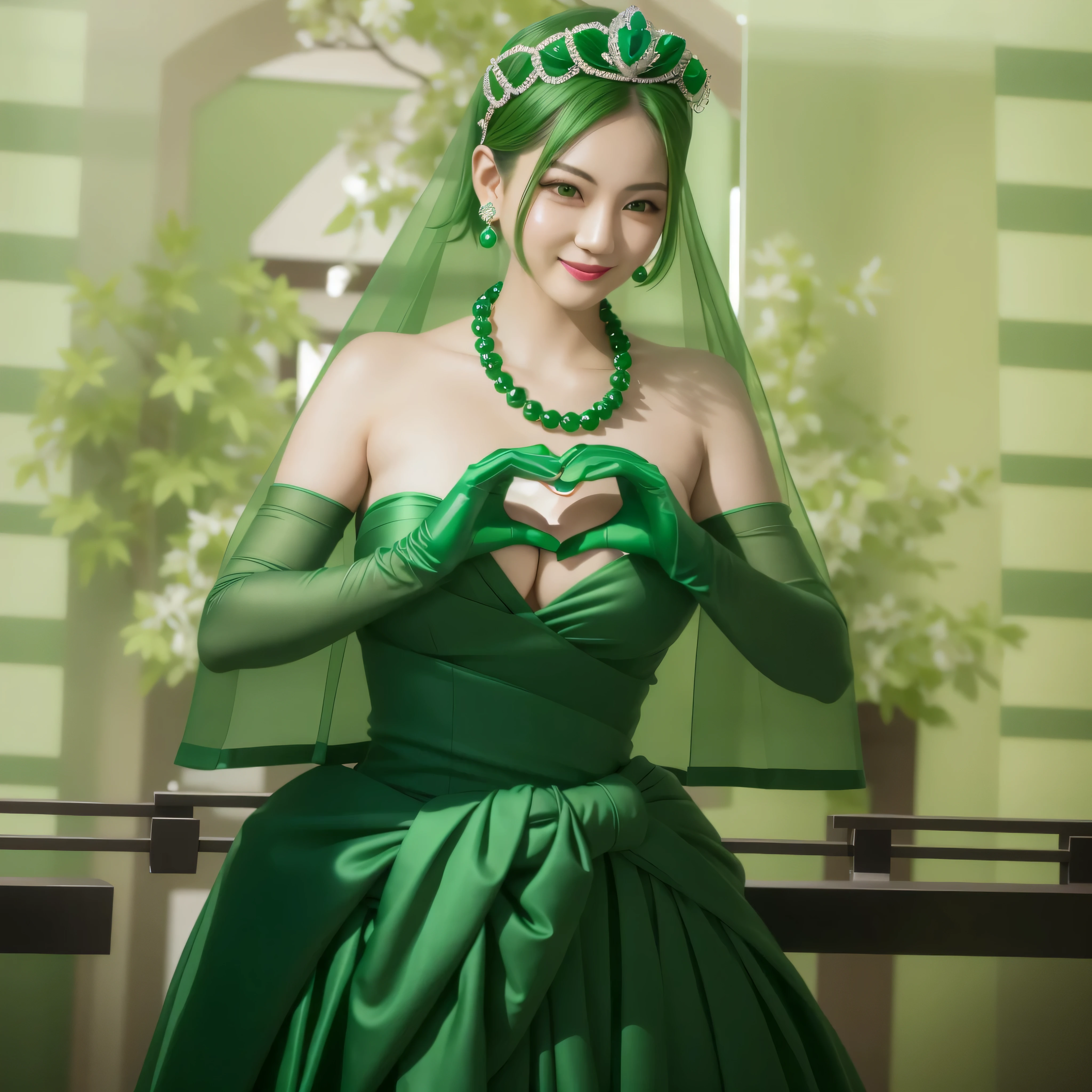 emerald tiara, green pearl necklace, boyish very short green hair, green lips, smiling Japanese woman, very short hair, Beautiful woman with big breasts, green eyes, green satin long gloves, green eyes, emerald earrings, green veil, Heart with both hands, green hair, beautiful japanese woman, heart shaped hands:1.3, green lip gloss