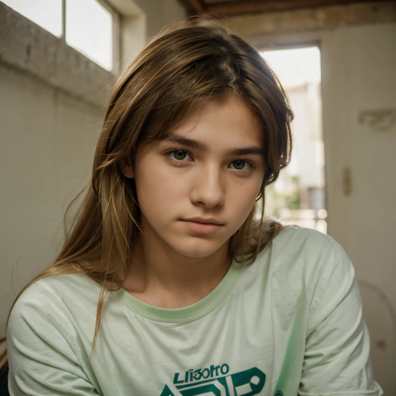 A 15 year old high school boy, alto, de ojos verdes, piel clara, egocentrico, not very long lazio hair of light brown almost blonde color