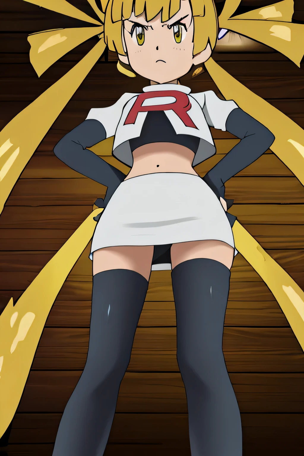 masterpiece,best quality,high res,high quality,Mariabell Crois,8k, masterpiece,highres, team rocket uniform, red letter r, white skirt,white crop top,black thigh-high boots, black elbow gloves, glaring angrily, looking down at viewer, hands on hips, cowboy shot, zettai ryouiki,spread legs,from below, black panties,anime style, vivid colors, sharp focus, intense lighting,