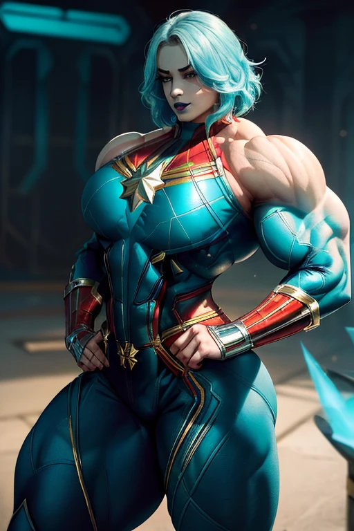 ((((Massive, beautiful, buff, pale white skinned muscular woman with cyan hair, black lipstick, ginormous bulky muscles, wearing a cyan captain marvel suit with pants)))), vascular body, massive muscle, ((massive biceps)), hyper muscle triceps, (beachy long hair), purple eyes, hero boots, hero gloves and spiked gauntlets, in the void of space, evening, smirk, hyper muscles arms, hyper muscle legs, massively buff arms.