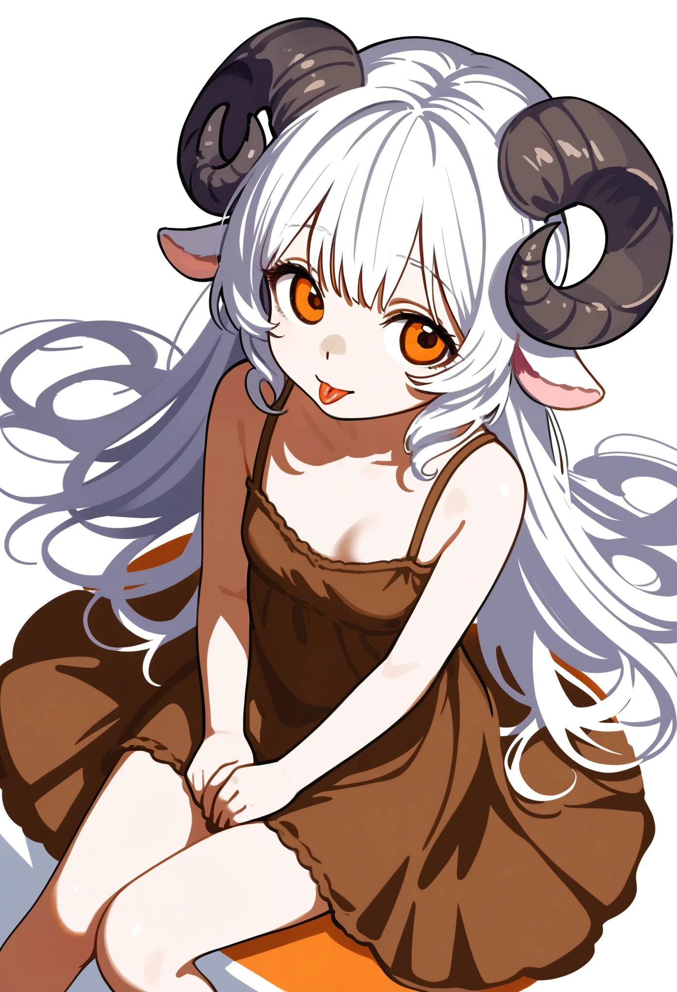 1girl, solo, young Monstergirl, curled horns, sheep horns, sheep ears, white hair, long hair, messy hair, long bangs, orange eyes, neutral, tongue out, stoic, brown dress, sundress, small breasts, sitting, wariza, hands on chest, white background, simple background, (from above), masterpiece, best quality