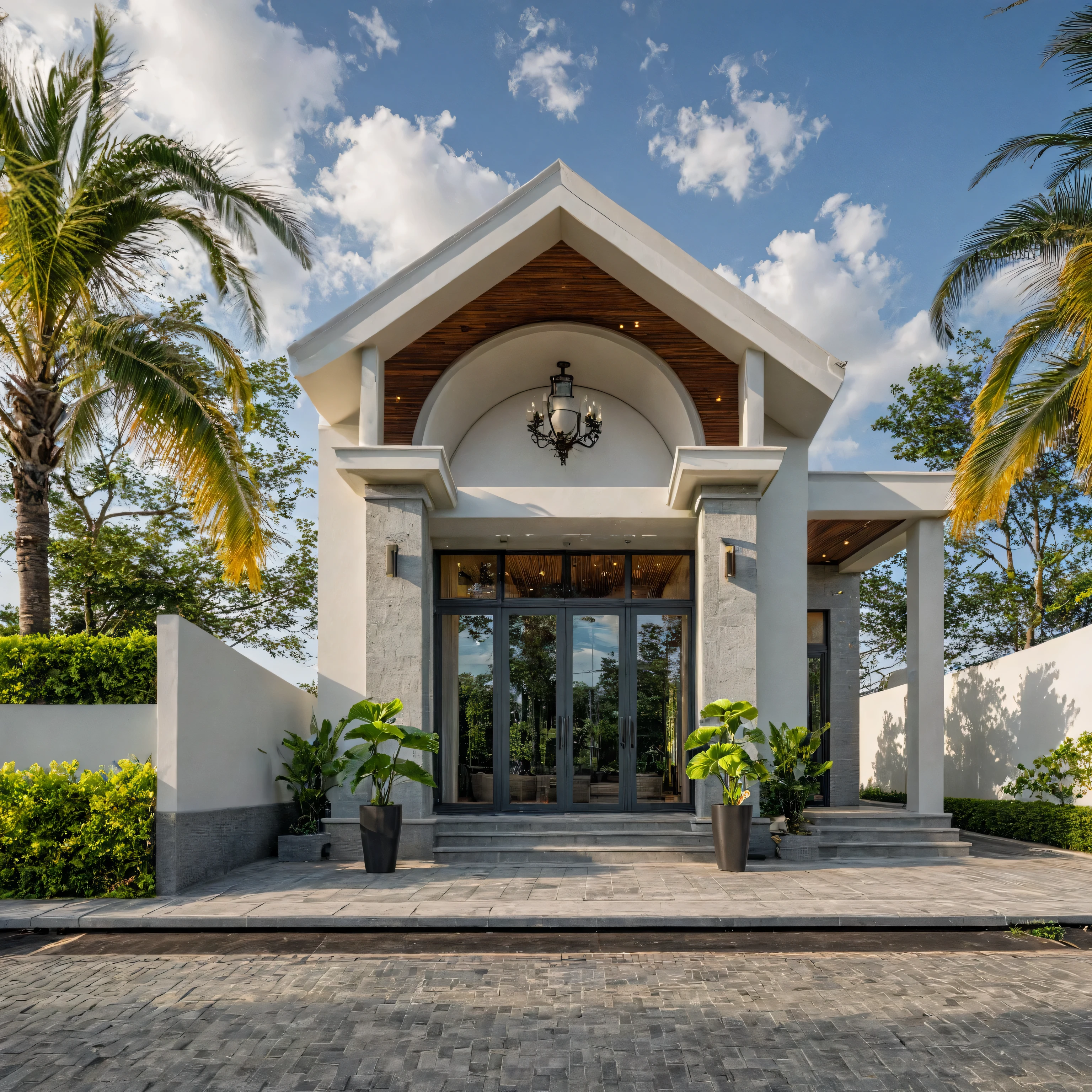 Masterpiece, high quality, best quality, authentic, super detail, outdoors, onestoreyvillaXL, aiaigroup, house style modern on the street ,stairs, white wall ,road,pavement, grass, trees, sky, cloud, (daylight:1.1)
