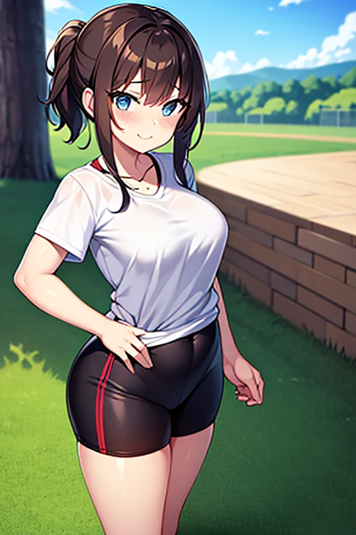 [((masterpiece)), ((high res)), ((full body portrait)), ((front view)), ((detailed shading)), ((intricate details)), ((anime girl)), ((cinematic)), {attractive; ((36 year old woman)), (brown hair), (short ponytail), (cute blue eyes), ((athletic body)), (curvy hips), (beautiful legs), (cute grin)}, {(white T-shirt), (Black gym sweat pants), (whistle necklace), (black tennis shoes)}, {(standing), (hands on hips), (looking ahead), (looking at viewer)}, [background; (grass plains), (school soccer field), (blue sky), (clouds in sky)]