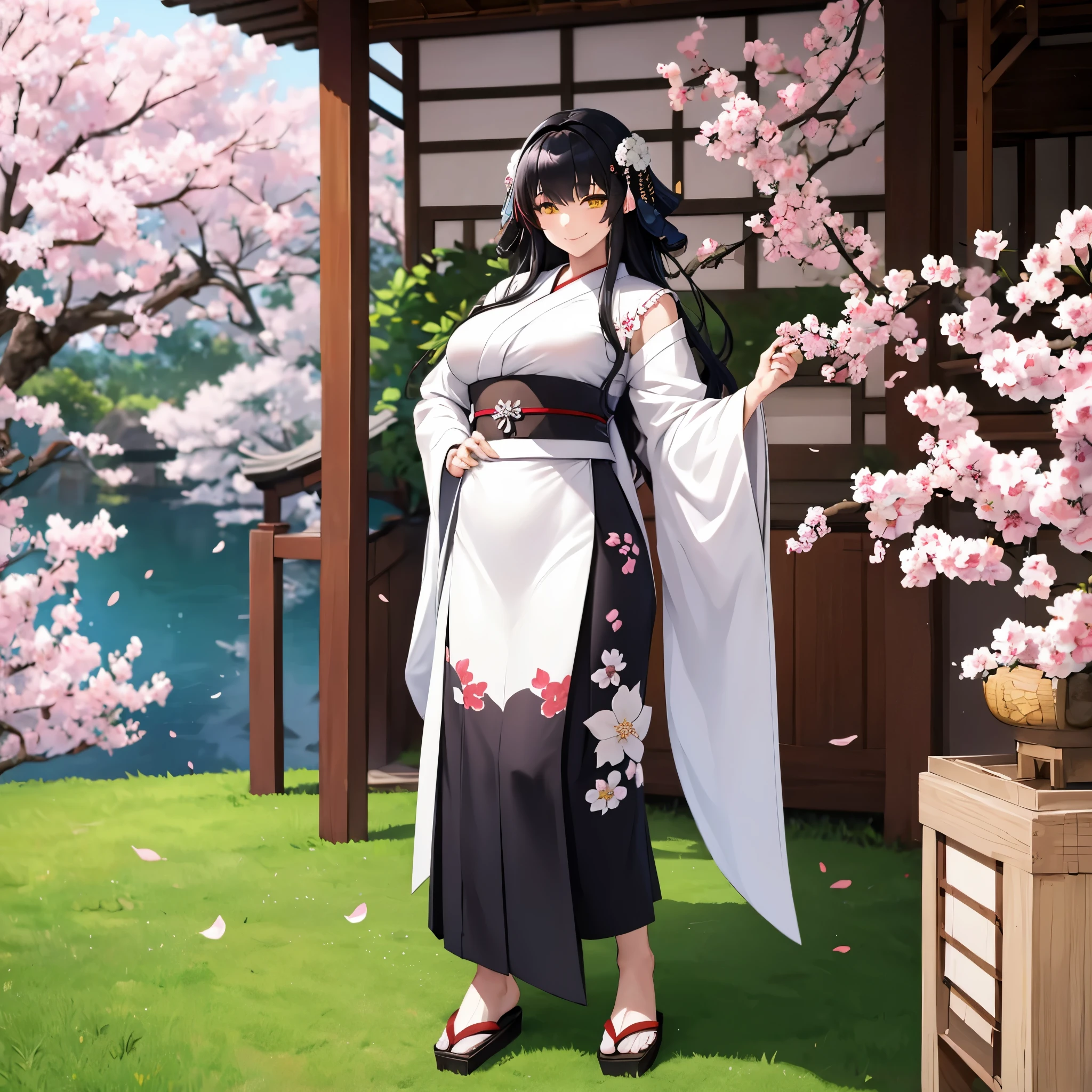 A woman with long black hair, wearing traditional black kimono with white flower design, yellow eyes, big breasts, smiling, in a Japanese themed pavilion, bamboos, and sakura trees, full body, sakura leaves falling, ground covered in sakura leaves,HDR, ultra resolution, well defined, masterpiece, 8K HD (woman solo )