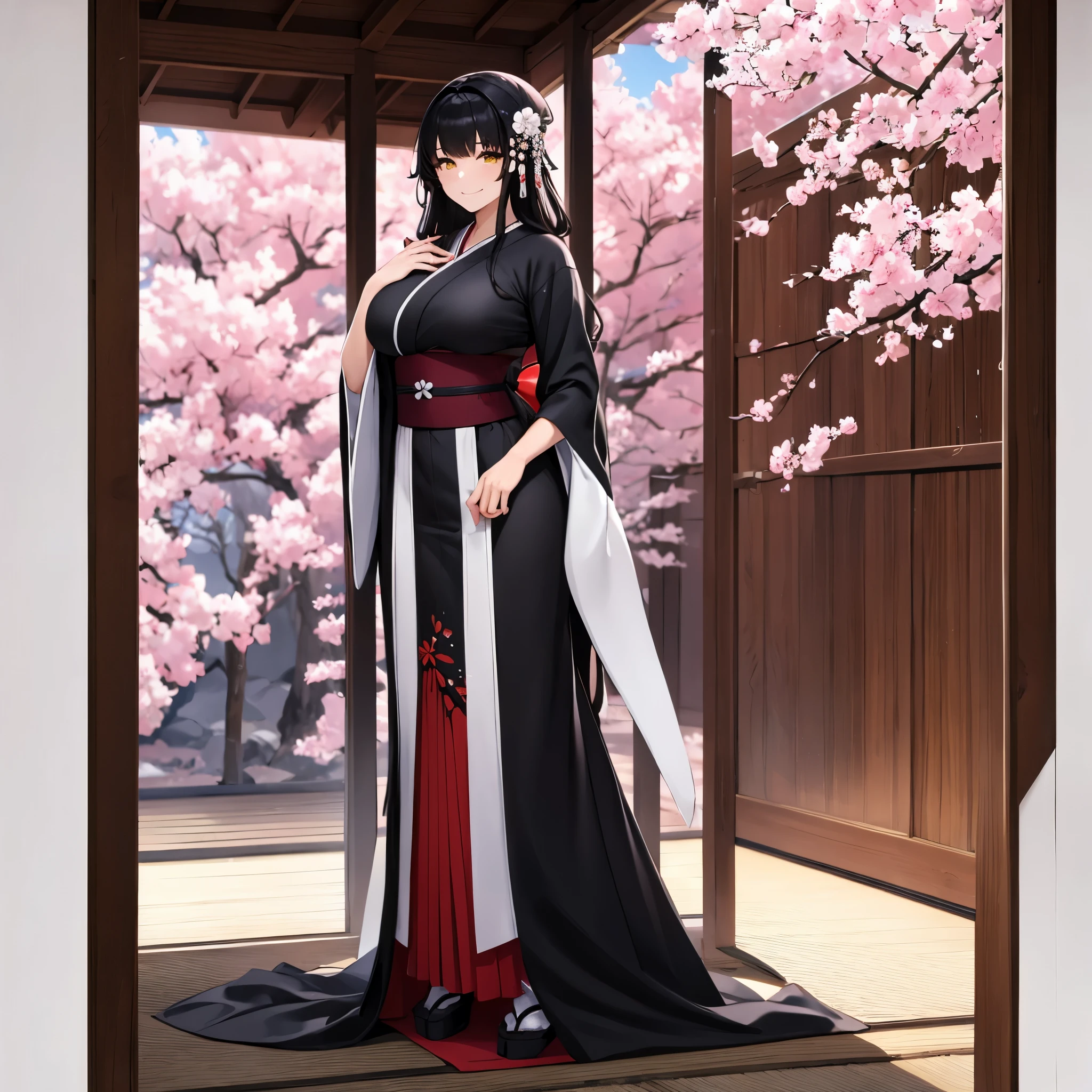 A woman with long black hair, wearing traditional black kimono with white flower design, yellow eyes, big breasts, smiling, in a Japanese themed pavilion, bamboos, and sakura trees, full body, sakura leaves falling, ground covered in sakura leaves,HDR, ultra resolution, well defined, masterpiece, 8K HD (woman solo )
