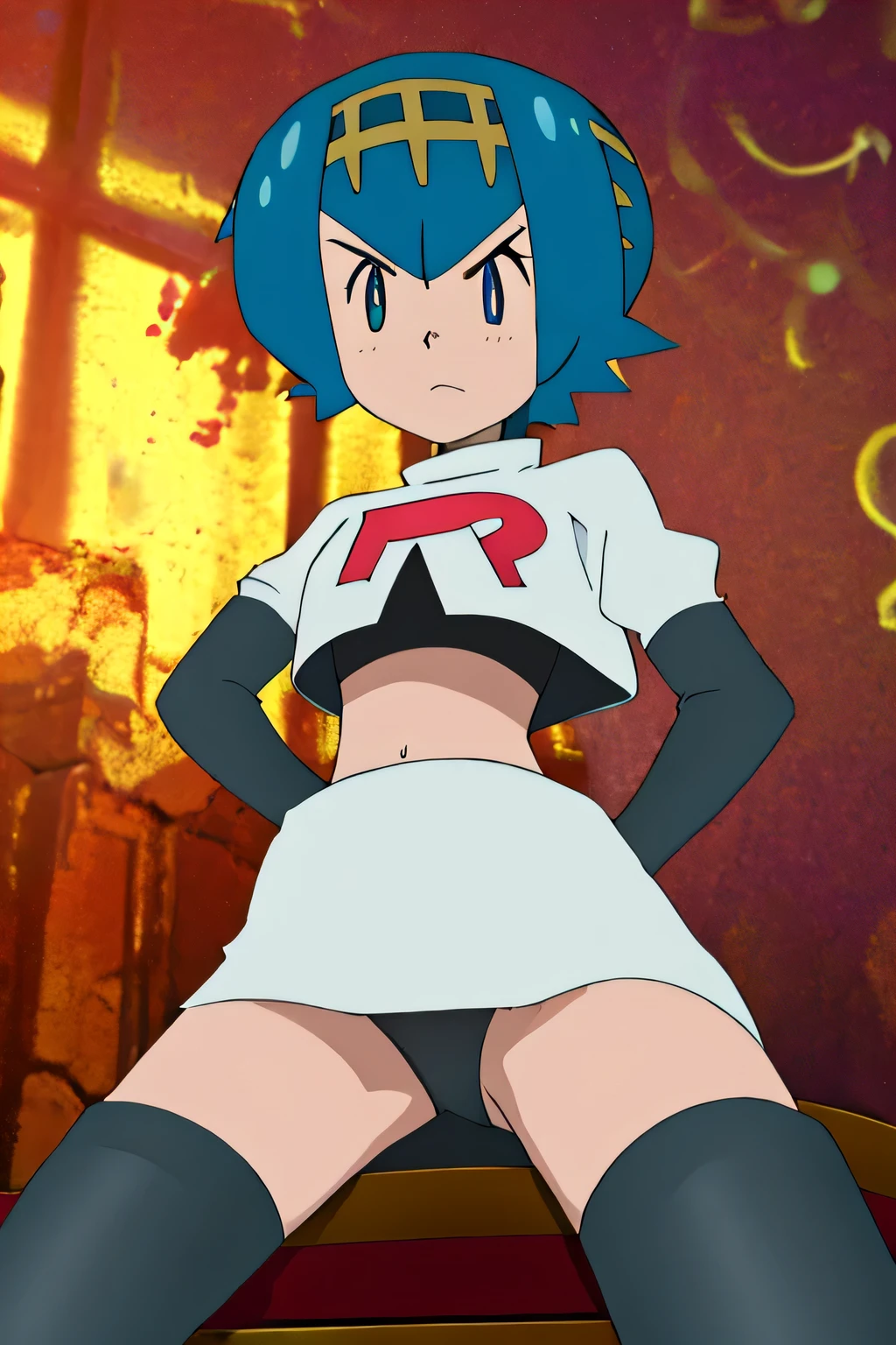 masterpiece,best quality,high res,high quality,pkmnLana,8k, masterpiece,highres, team rocket uniform, red letter r, white skirt,white crop top,black thigh-high boots, black elbow gloves, glaring angrily, looking down at viewer, hands on hips, cowboy shot, zettai ryouiki,spread legs,from below, black panties,anime style, vivid colors, sharp focus, intense lighting,