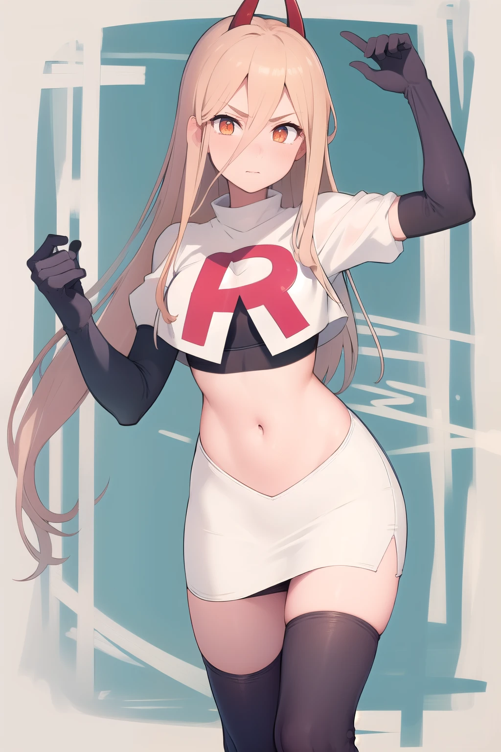 (masterpiece, best quality:1.2), solo, 1girl, power \(csm\), cross-shaped pupils, team rocket,team rocket uniform,white skirt,red letter R,crop top,black thigh-highs,black elbow gloves