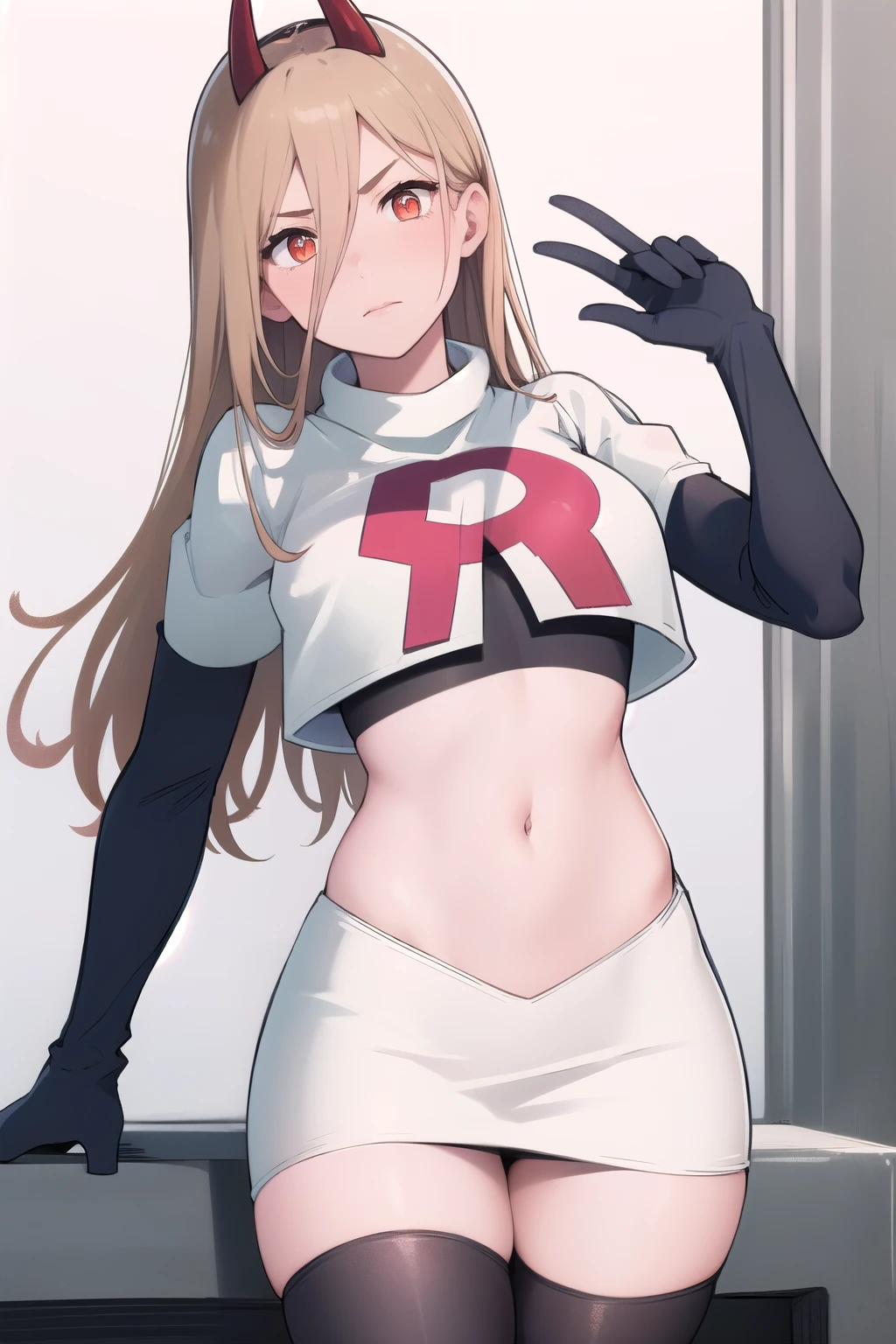 (masterpiece, best quality:1.2), solo, 1girl, power \(csm\), cross-shaped pupils, team rocket,team rocket uniform,white skirt,red letter R,crop top,black thigh-highs,black elbow gloves