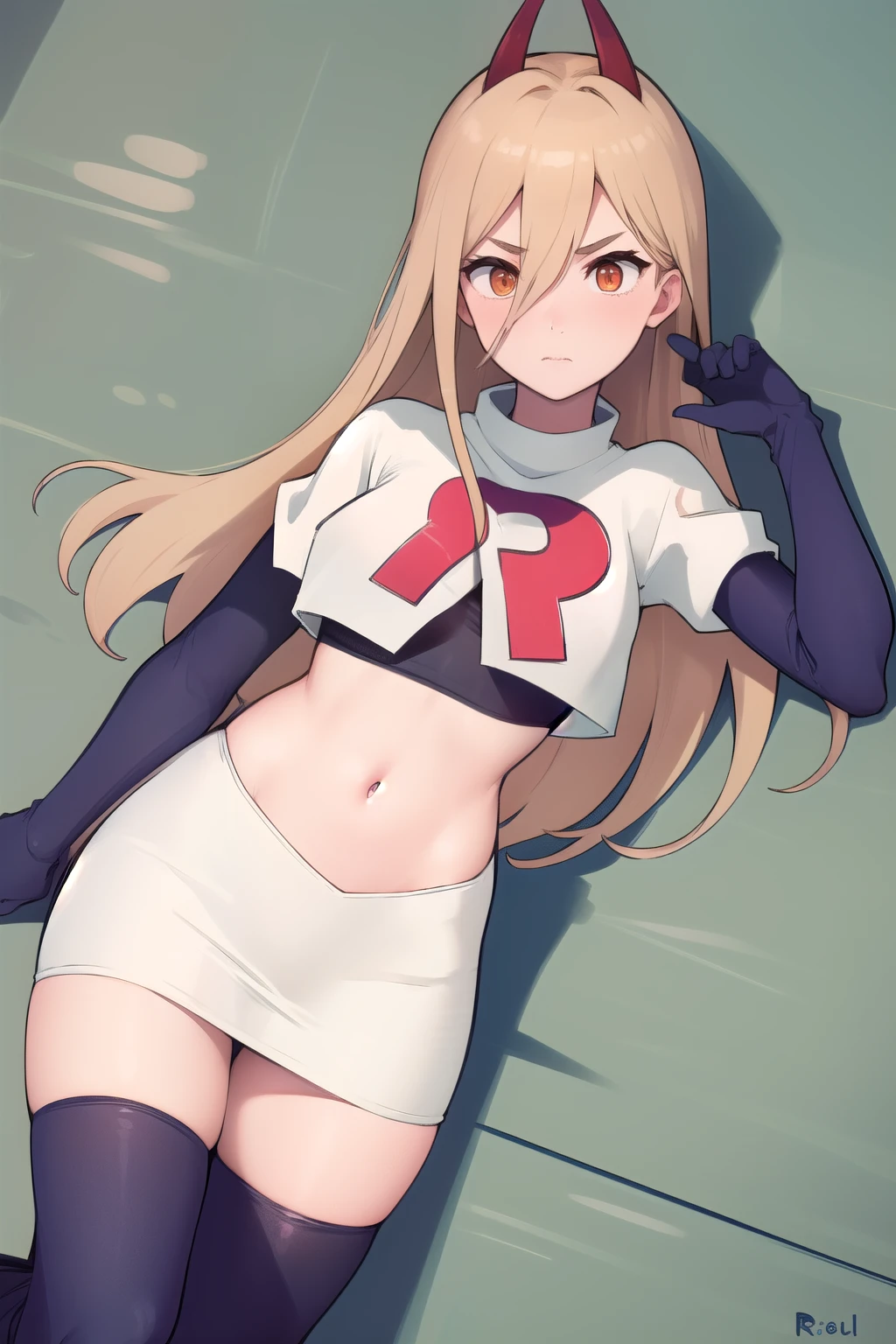 ((masterpiece, best quality)),very detailed, simple eyes,(large breasts),((1girl)), saren_\(princess_connect!\),bangs, black_bow, blonde_hair, blue_eyes, blush, bow, breasts, elf, hair_bow, hair_ornament,long_hair, looking_at_viewer, pointy_ears, team rocket,team rocket uniform,white skirt,red letter R,crop top,black thigh-highs,black elbow gloves,