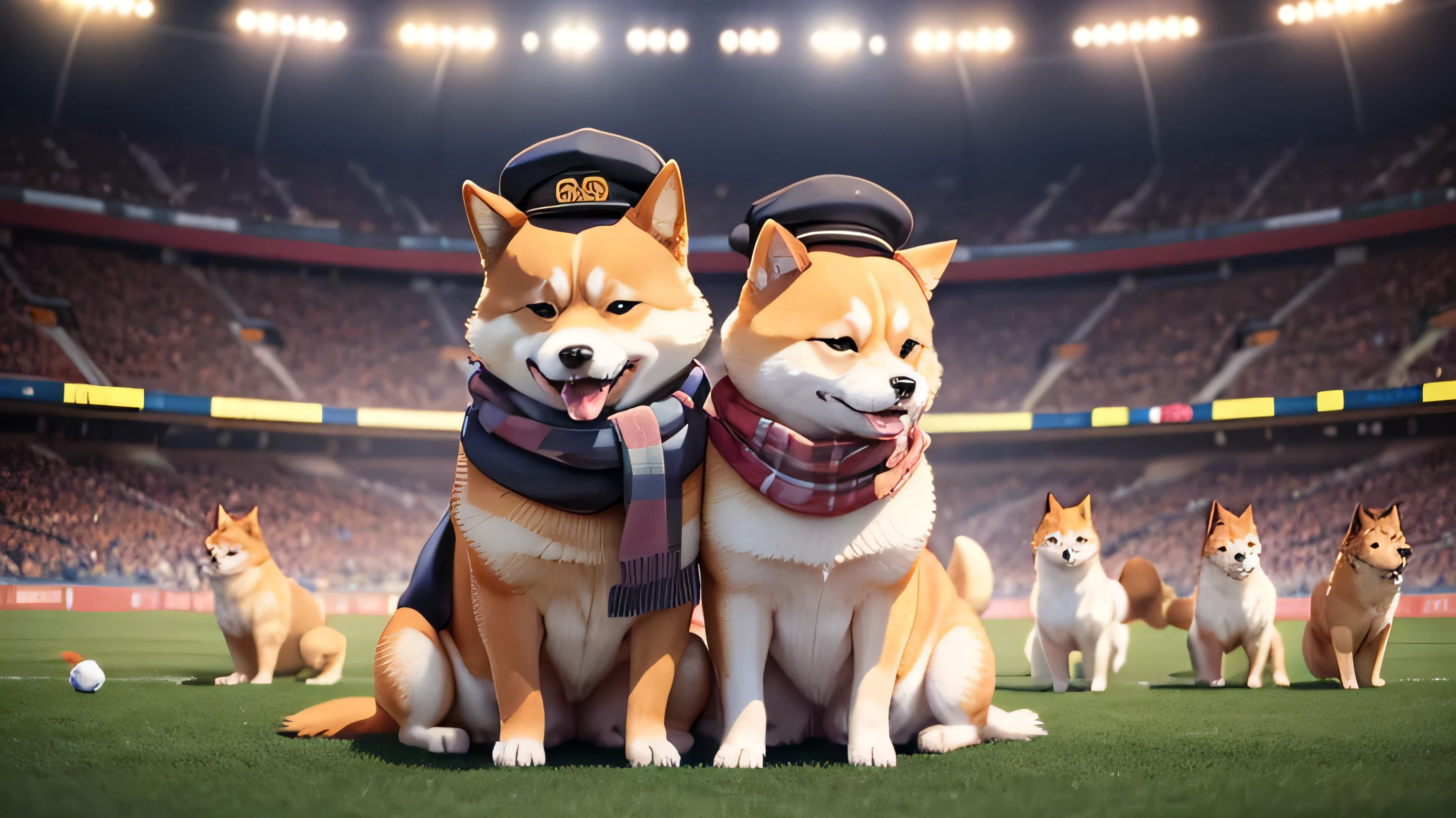 anime character with a hat and scarf on a sticker, wholesome digital art, anthropomorphic shiba inu, doge meme, inspired by Shiba Kōkan, doge, old internet art, shiba inu portrait, awwwww, wholesome, nft portrait, shiba inu, older brother vibes, telegram sticker design, lofi art, many dogs are playing soccer in a large stadium, with many people watching