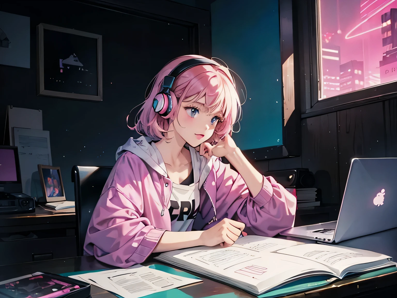 (Lofi), A girl studying on the table, Pink hair, reading a book, wearing a head phone, , night light, rainy day neon scape,analog color theme, Lo-fi hip hop , retrospective, flat, 2.5D ,line art, ink drawing, big ink line, watercolor, goauche color, studio Ghibli style, awesome colorful, outurn, synthwave, lofi art,90s style,old texture, amplitude,90s atmosphere, masterpiece, massive skills