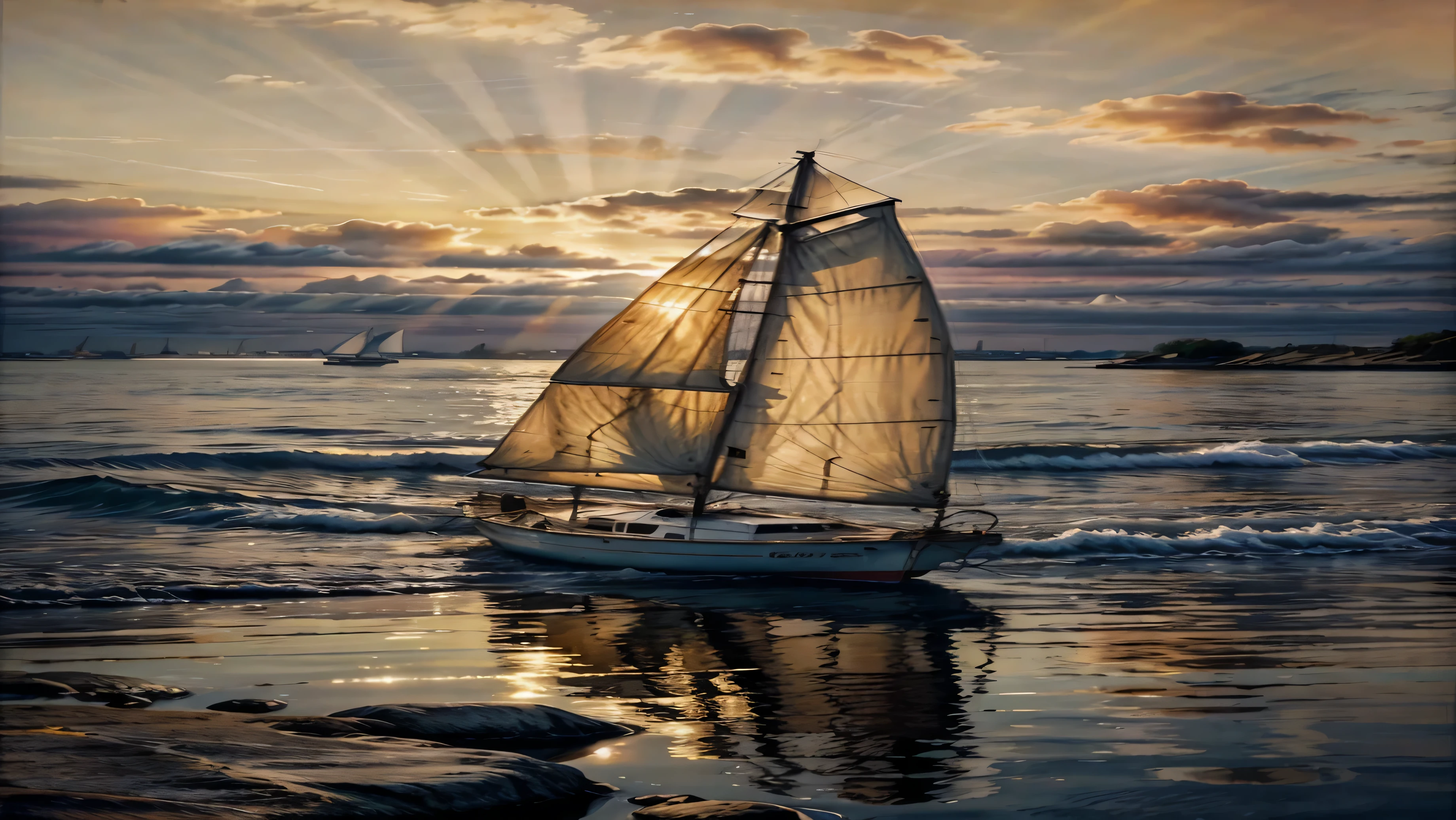 Watercolor sunset, , golden sands, Calm sea, Colored clouds, Light shines through the clouds, In the reflected light on the water, Sailboat is fish, The sea shines with bright colors . Energetic, fair, Sexual, detailed, structure, artistic