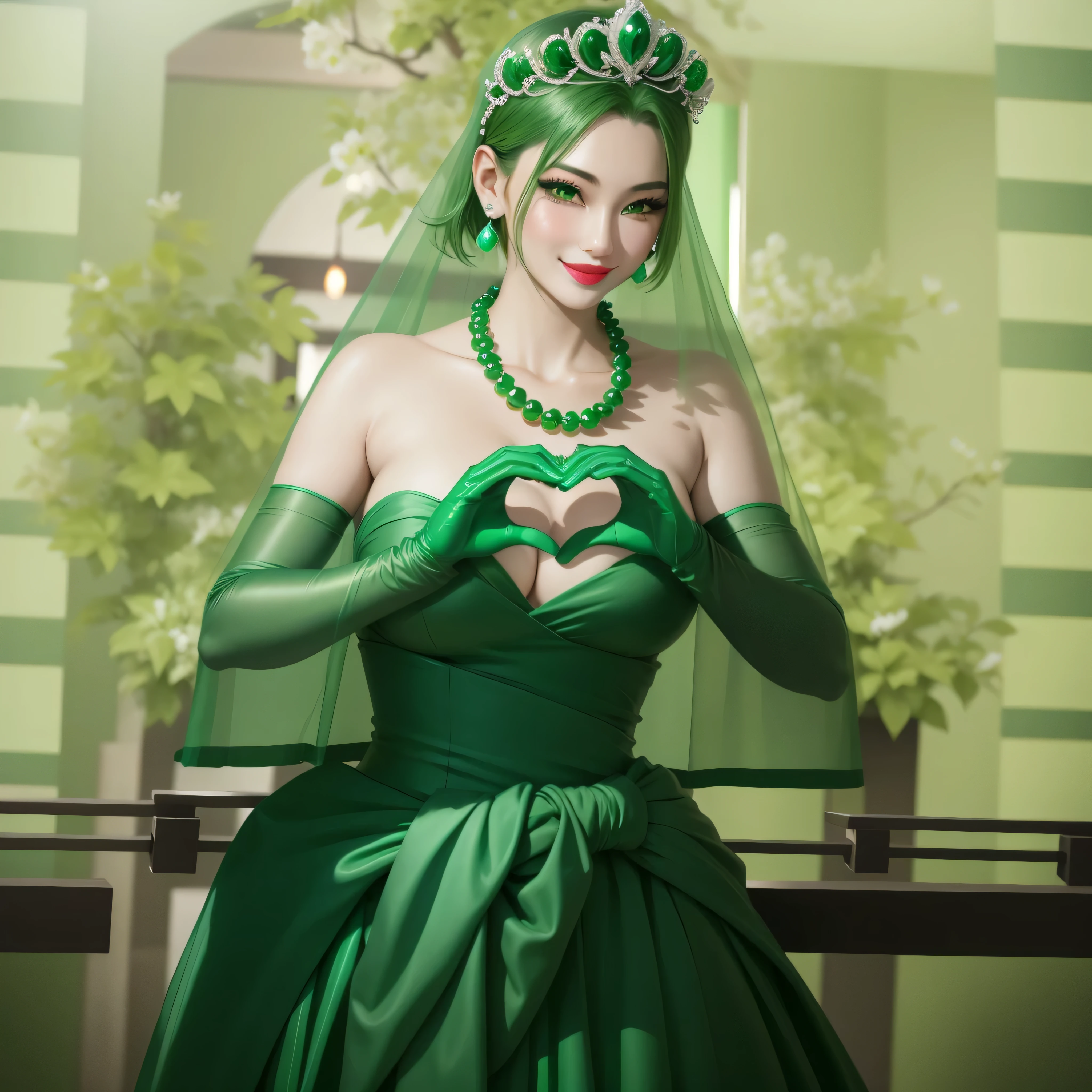 Emerald Tiara, Green Pearl Necklace, boyish very short green hair, Green Lips, Smiling Japanese woman, Very short hair, Beautiful woman with big breasts, Green Eyes, Green satin long gloves, Green Eyes, Emerald Earrings, Green Vale, Heart with both hands, Green Hair, Beautiful Japanese Women, Heart shaped hands:1.3, green lip gloss