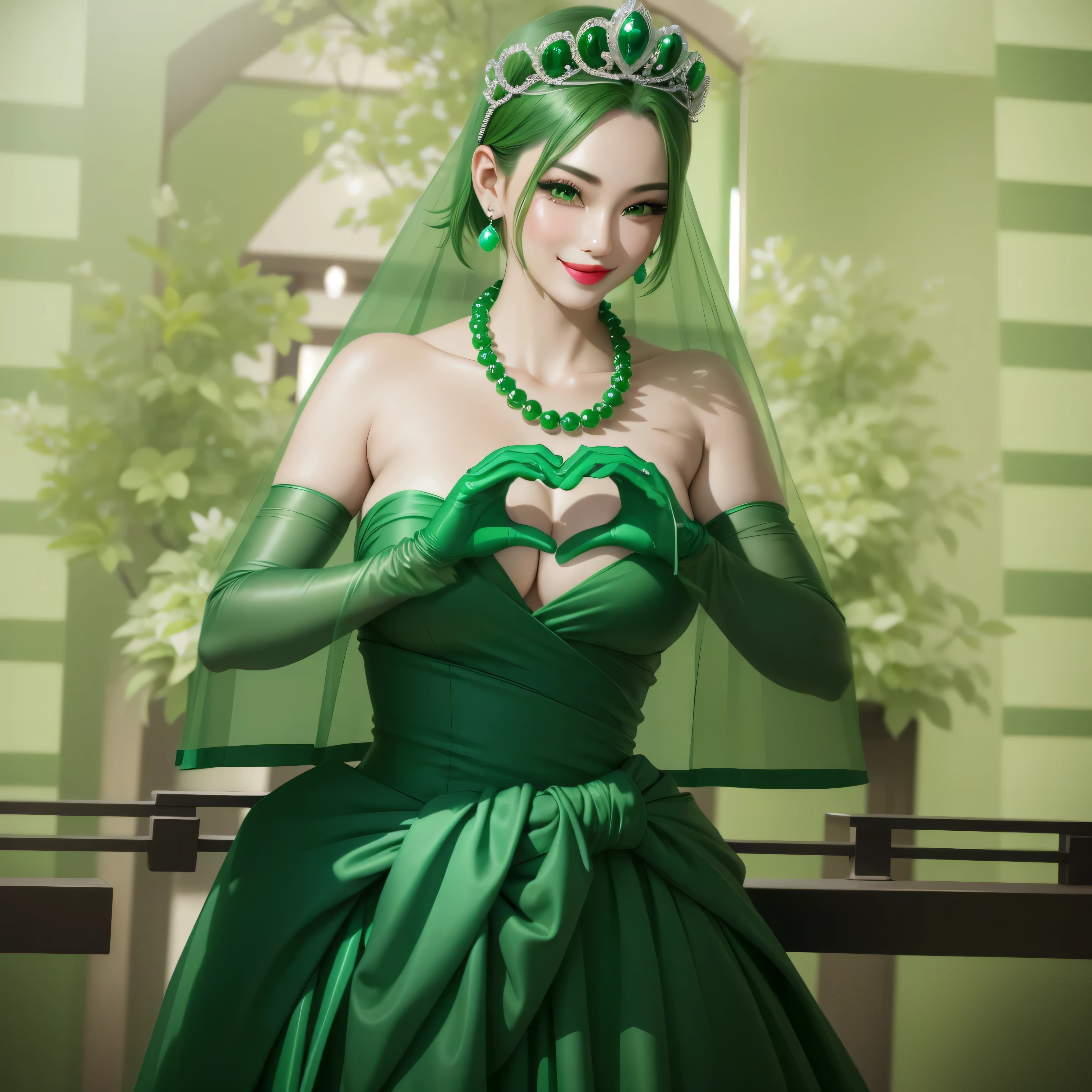 Emerald Tiara, Green Pearl Necklace, boyish very short green hair, Green Lips, Smiling Japanese woman, Very short hair, Beautiful woman with big breasts, Green Eyes, Green satin long gloves, Green Eyes, Emerald Earrings, Green Vale, Heart with both hands, Green Hair, Beautiful Japanese Women, Heart shaped hands:1.3, green lip gloss