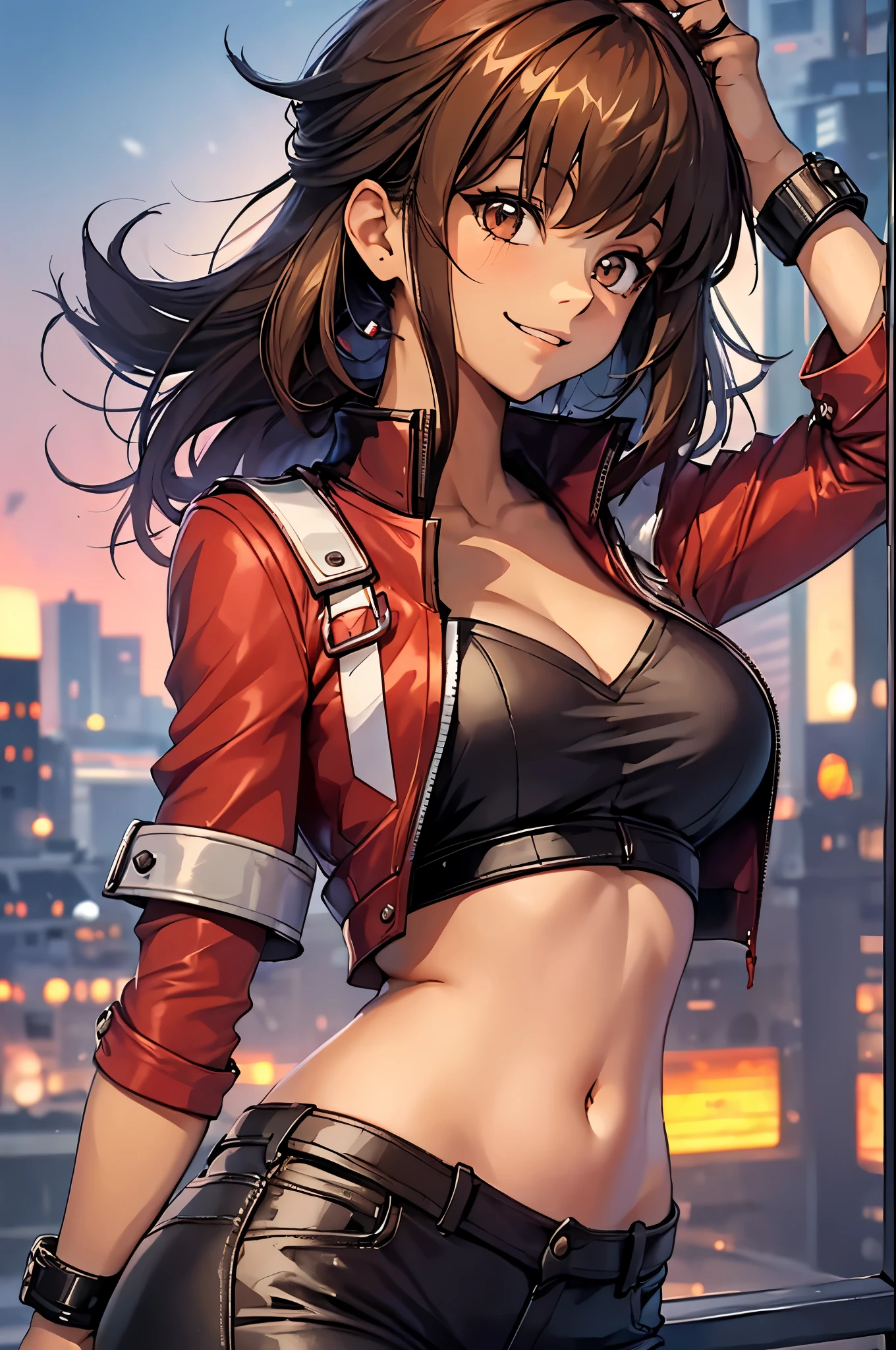 Yuuki Judai, 1girl,(female:1.5), Brown hair, Solo, Red jacket, Bangs, Black shirt, Open jacket, hair between eye, Long hair, Smile, White pants, red footwear,Duel Academy Uniforms (Yu-Gi-Oh! nffsw),
(Close Shot, Best Quality, hight resolution, 4K, Detailed Lighting, Shaders), 
Smile,
Looking at Viewer, Cowboy Shot,
