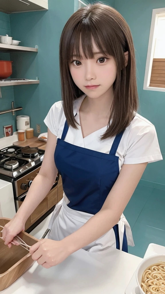one girl, (a beauty girl, Delicate girl:1.3), (13 years old:1.3), break, (Cooking school kitchen:1.3), (Cook costume:1.3), (Eat cup ramen:1.4), perfectly trimmed fingers, break, Extremely fine grain resolution, (Symmetrical eyes:1.3), break, Small breasts, Brown eyes, Parted bangs, brown hair, girl, break, (Eye and facial details:1.0), (Get closer to the face, Zoom in on face, Face focus:1.0), break, (masterpiece, highest quality, Ultra-detailed, Detailed face, 8K)