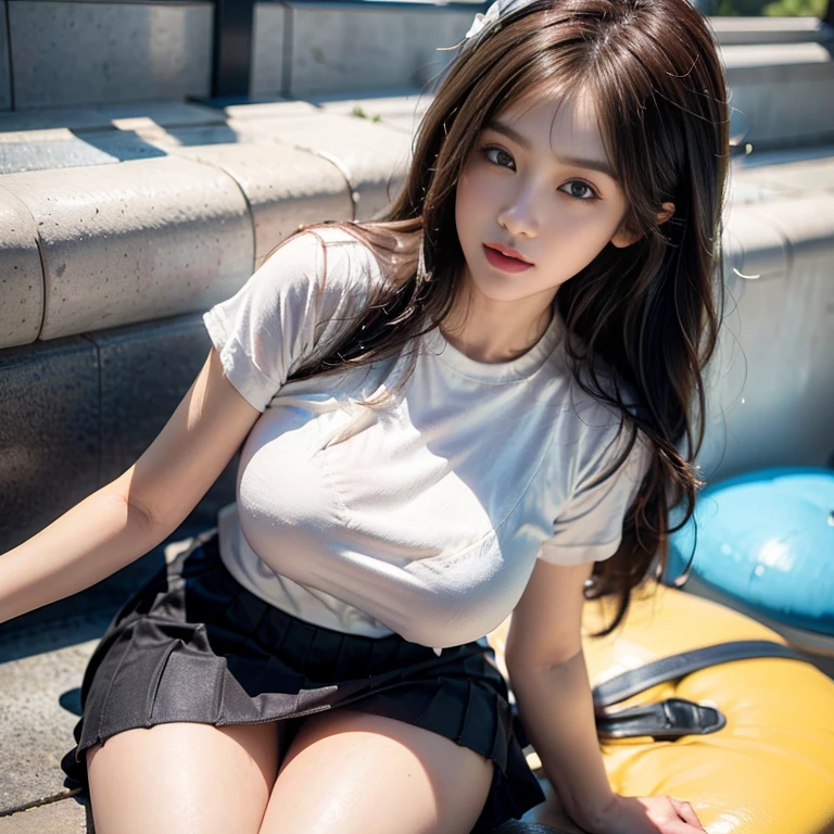 NSFW，(highest quality、8k），Big breast beauty，Medium brown hair with bangs， lure，shirt，Undermile，Private beach