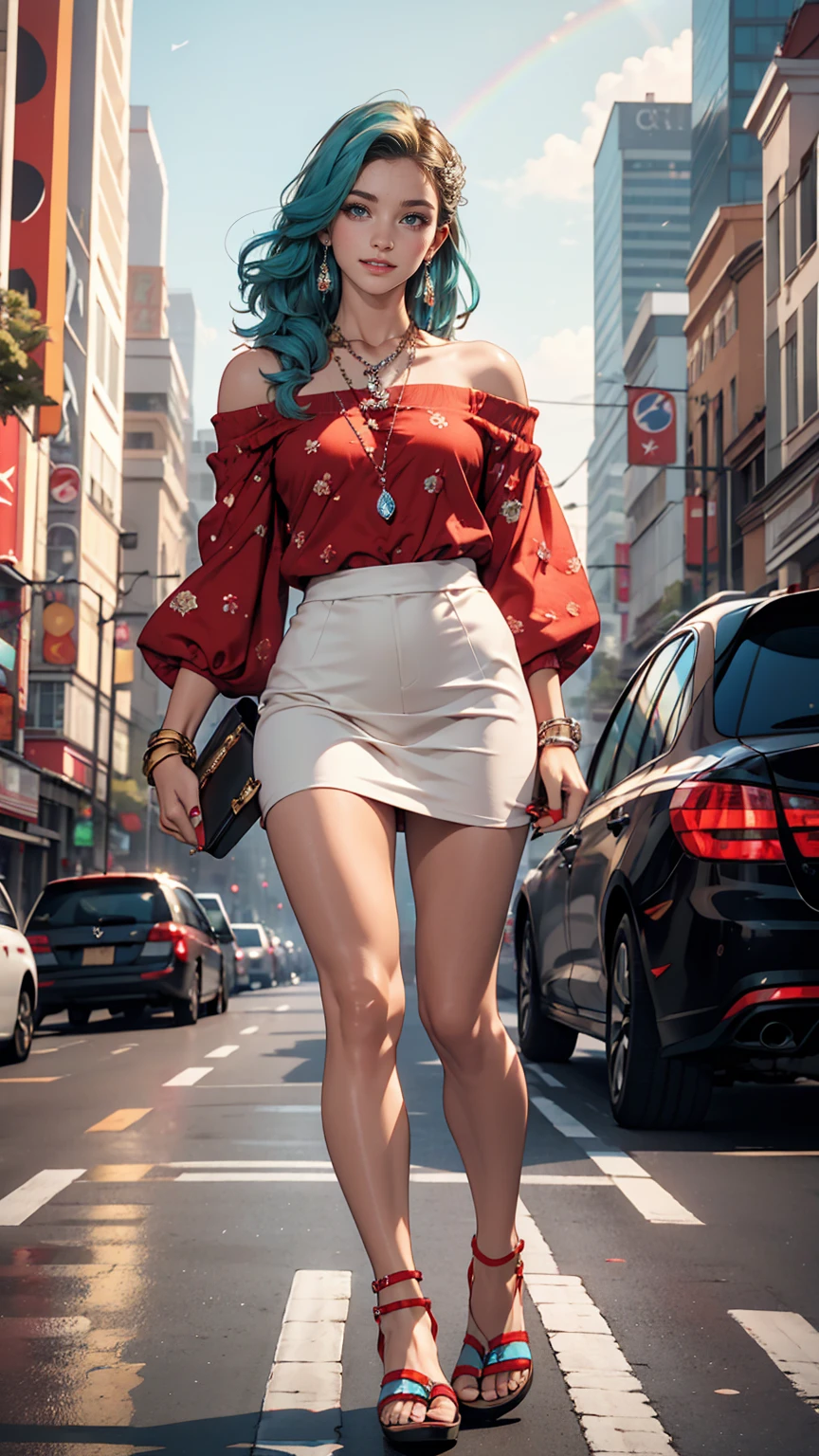 ((最high quality, 8K, masterpiece: 1.3, Ultra HD, high quality, 最high quality, High resolution, realism)) 、25-year-old Caucasian female、Brunette、blue eyes、long hair、smile、slender、slenderだがアスリートのような細マッチョ、I want my head to stay off screen、Wear accessories on your wrist、Wearing red nail polish、I have a peticure、Wear a sheer, off-the-shoulder bodycon top、Wearing Sandals、have a clutch bag、Skyscraper background、Waiting for a traffic light at an intersection、Crystal Earrings((crystal earrings))、Inner Color((colored inner hair))、Long Hair ((long hair))、Dark Blonde、Rainbow Hair((rainbow hair))