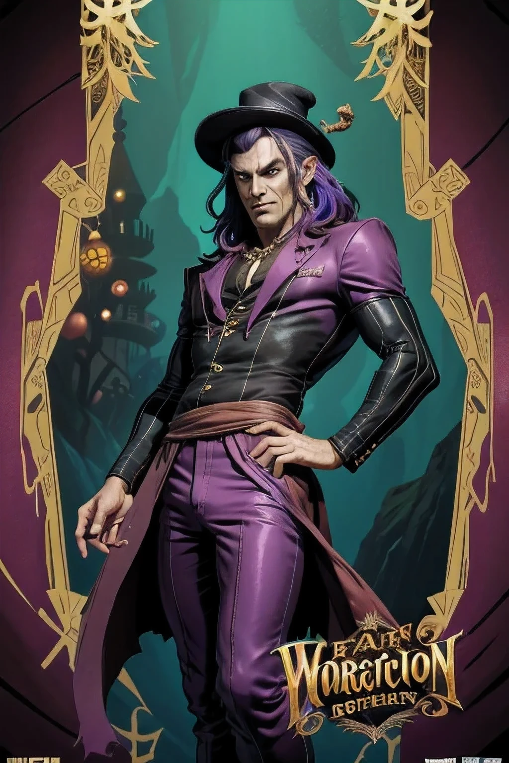 "Create an image of Willy Wonka, a character with a striking blend of refinement and orcish heritage. Despite his half-orc lineage, Wonka exudes an air of sophistication and charm. He stands tall and muscular, his greenish-gray skin hinting at his orcish ancestry. His face bears prominent orcish features, including tusks protruding from his lower jaw and pointed ears peeking through his wild, colorful hair.

Speaking of his hair, it's a spectacle in itself, styled in whimsical ways that reflect his creative spirit. Each strand seems to burst with vibrant hues, adding to his charismatic aura. But it's his eyes that truly captivate observers—a mischievous glint dances within them, hinting at the depths of his eccentric mind.

Wonka's attire is as extravagant as his personality, adorned with an array of candies and chocolate motifs that accentuate his love for confectionery. His outfit is a testament to his unique sense of style, combining flamboyance with sophistication in a way that only he can pull off. Whether he's crafting magical sweets or enchanting guests with his charm, Willy Wonka is a character whose presence is impossible to ignore."