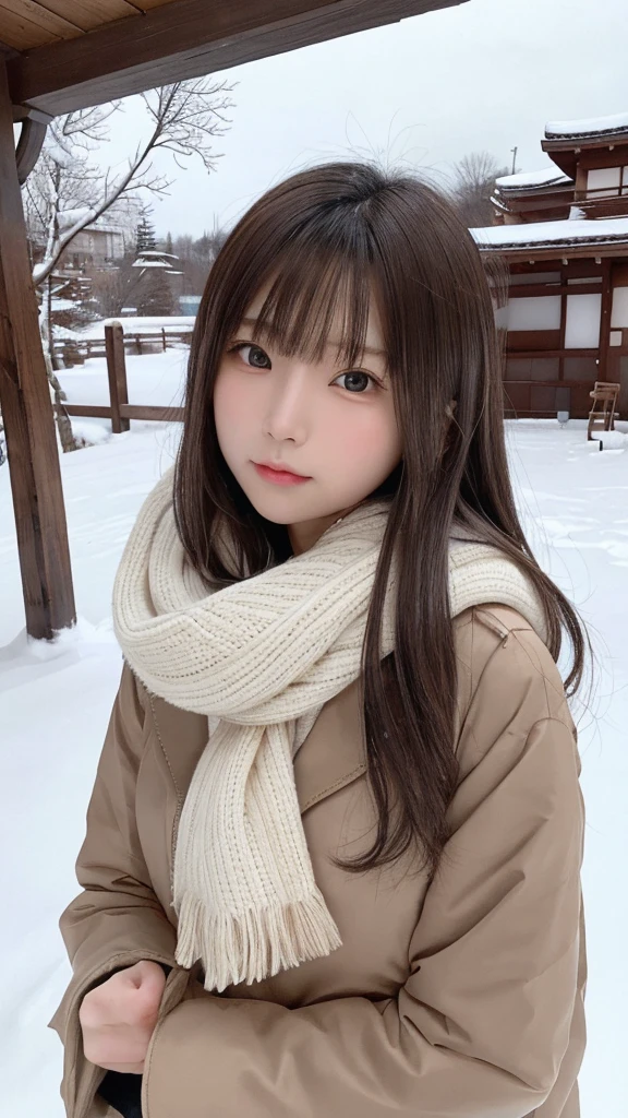 (Best image quality、8K、masterpiece:1.3))、Realistic high quality photos、highest quality、Cute girl~Well-proportioned face、13 year old beautiful Japanese girl、Photos of slim models、Beautiful girl model、若いJapanese girl、Young and pretty face、Japanese girl、13 year old female model、Beautiful model girl、The innocent look of the girl next door、Nice delicate face、brown hair、Beautiful brown eyes、Tear bags、Drooling eyes、Young Body、coat, scarf, gloves, winter, snow