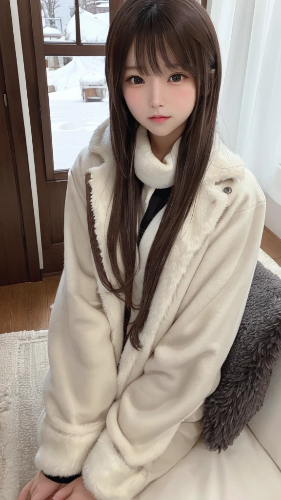 (Best image quality、8K、masterpiece:1.3))、Realistic high quality photos、highest quality、Cute girl~Well-proportioned face、13 year old beautiful Japanese girl、Photos of slim models、Beautiful girl model、若いJapanese girl、Young and pretty face、Japanese girl、13 year old female model、Beautiful model girl、The innocent look of the girl next door、Nice delicate face、brown hair、Beautiful brown eyes、Tear bags、Drooling eyes、Young Body、coat, scarf, gloves, winter, snow