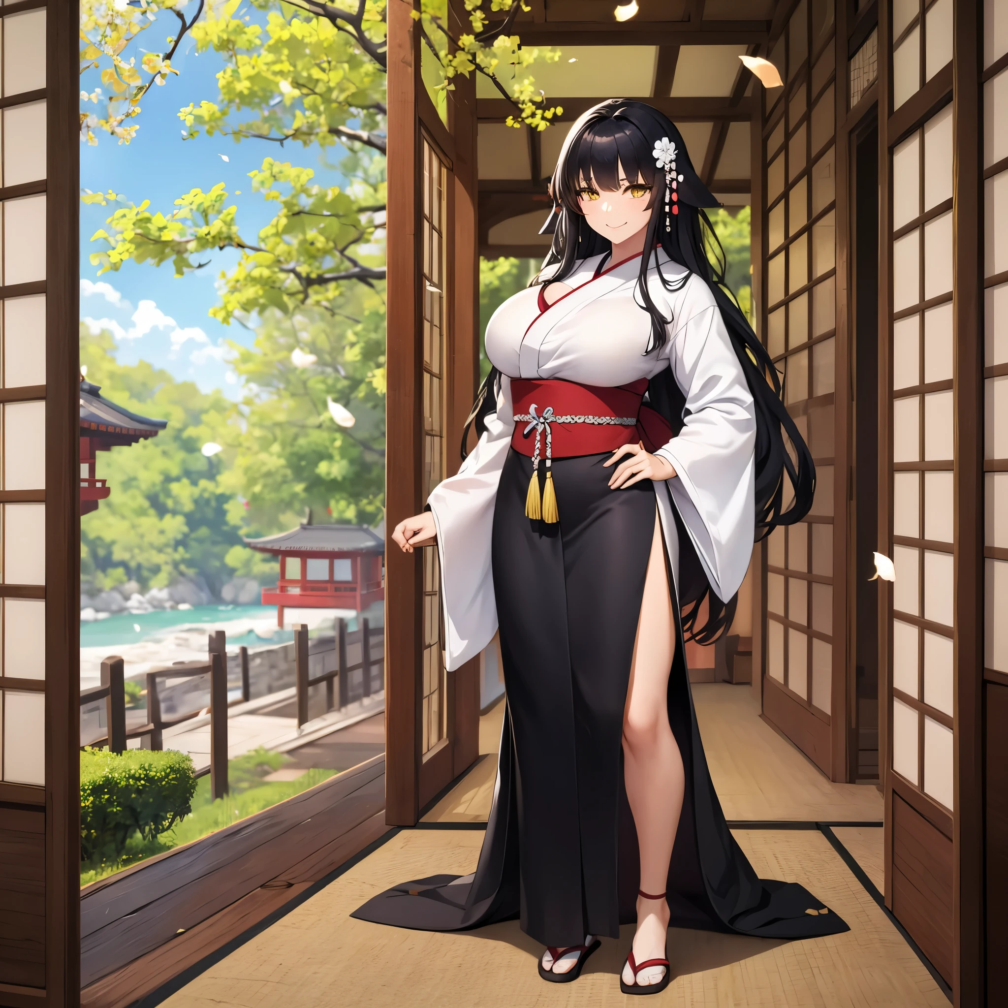 A woman with long black hair, wearing traditional black kimono with white flower design, yellow eyes, big breasts, smiling, in a Japanese themed pavilion, bamboos, and sakura trees, full body, sakura leaves falling, ground covered in sakura leaves,HDR, ultra resolution, well defined, masterpiece, 8K HD (woman solo )