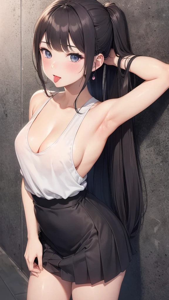 highest quality、4K quality、lean against the wall、Beautiful cleavage、Beautiful Style、tall、Small breasts、Bare buttocks、Small Ass、Shy face、20 year old princess、Bare shouldery skirt is blown up by the wind、ultra detail eye,Shooting from behind、Off-the-shoulder summer dress、Stick your tongue out and lick the wall