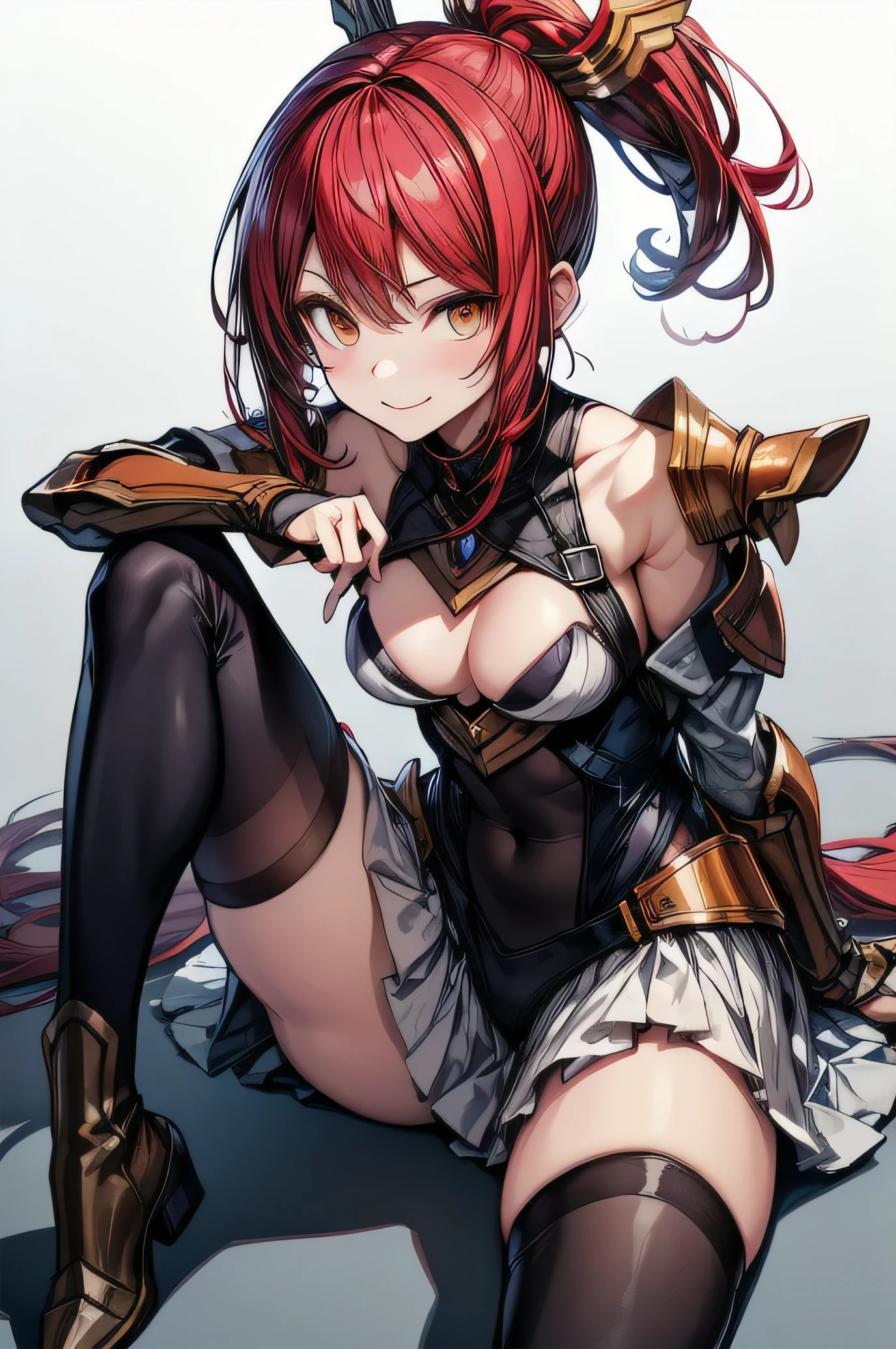 Izayoi (blazblue), orange eyes, red hair, ponytail, long hair, Small breasts, armor, bodysuit, boots, skin tight, skirt, thigh boots, thighhighs, 1girl, solo, facing viewer, looking at viewer, upper body, smile, sitting spread legs,