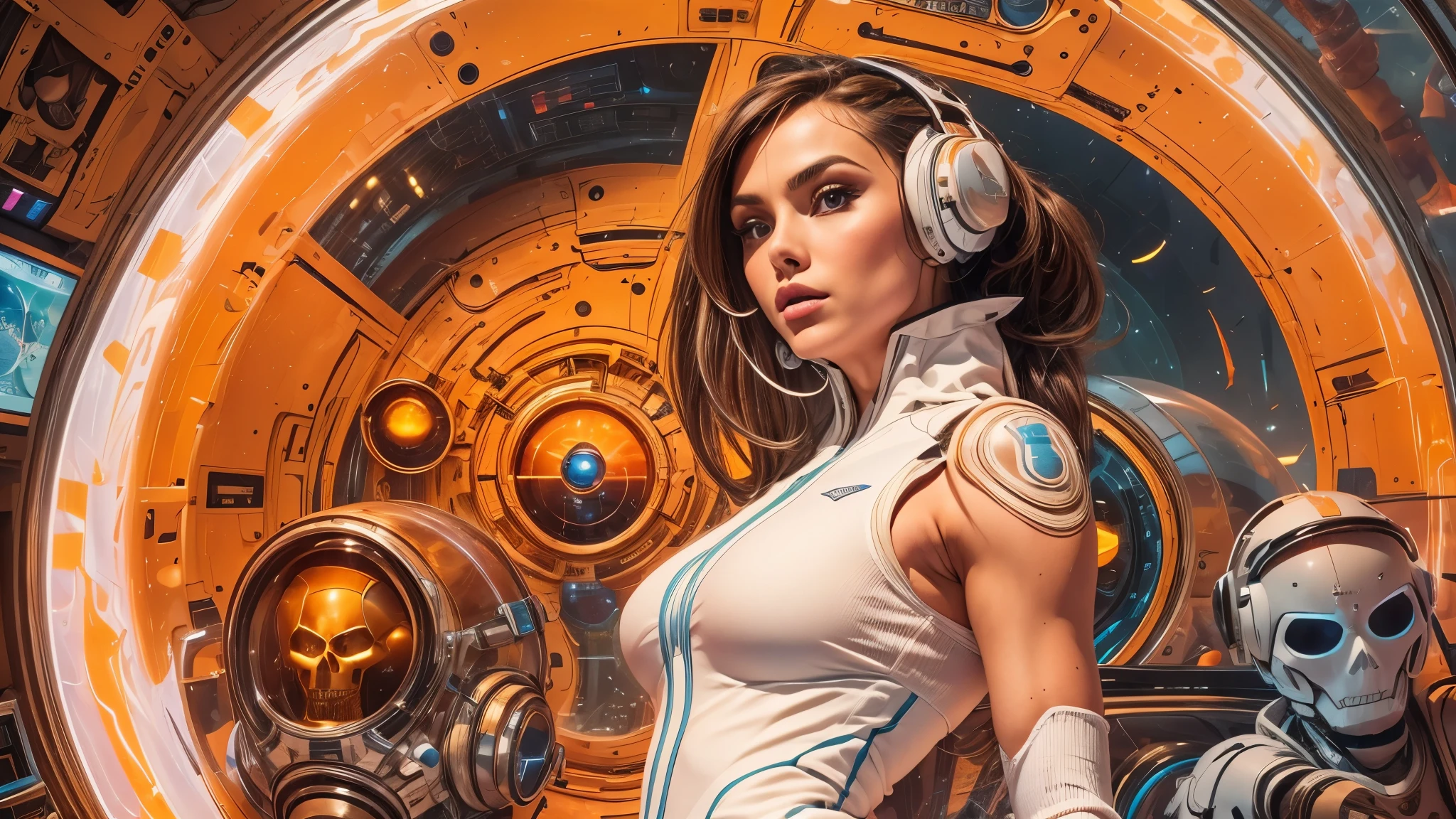 mujer atletica y voluptuosa con uniforme a lascas de metal plata , oro y bronce con grandes ojos y piernas musculadas, cuenrpo entero, se encuentra en centro de control de nave espacial, con maquinarias , tubos, cables y tecnologia.