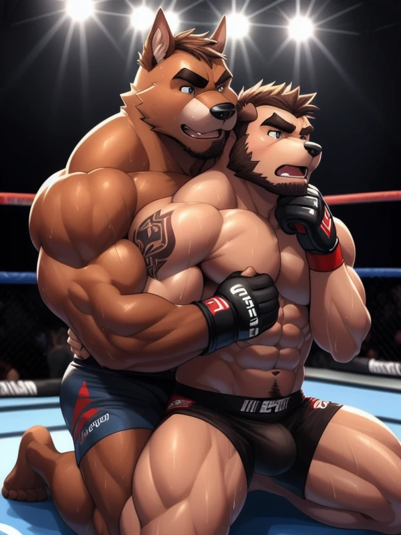 Duo male fighters(Brown Dog vs Brown Dog, handsomes, perfect eyes, Thick eyebrows), beso gay(Cuddling kneeling embraced from behind and from the neck, in a UFC match), hot(Full body, shirtless), handsomes(They are handsomes, correct anatomy), musculosos(Big muscle bodies, Six packs, muscle abs, big pecs, muscle legs, muscle backs), sweaty(very sweaty wet bodies), tatuajes(they have tattoos), Angry(They have an angry expression), UFC gloves(They both are wearing UFC gloves), Boxers(They are wearing Black boxers, big bulges), Hight resolution, Black background