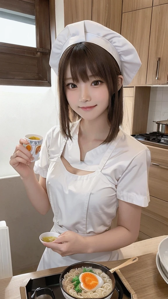 one girl, (a beauty girl, Delicate girl:1.3), (16 years old:1.3), break, (Cooking school kitchen:1.3), (Cook costume:1.3), (Eat cup ramen:1.4), perfectly trimmed fingers, break, Extremely fine grain resolution, (Symmetrical eyes:1.3), break, Small breasts, Brown eyes, Parted bangs, brown hair, girl, break, (Eye and facial details:1.0), (Get closer to the face, Zoom in on face, Face focus:1.0), break, (masterpiece, highest quality, Ultra-detailed, Detailed face, 8K),A smile that shows white teeth