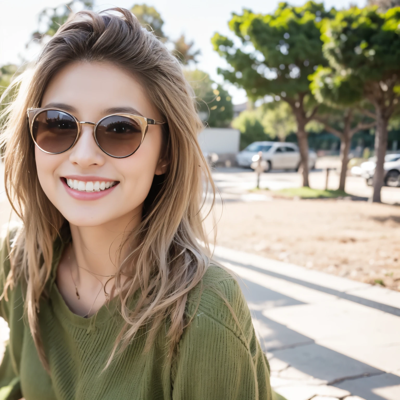 blond woman Wearing sunglasses and a green sweater smiling for the camera, With sunglasseses, Attractive girl, Smiling young woman, Japanese、19 years old、designer sunglasses, Light brown hair, Wearing sunglasses, Smiling woman, With sunglasses, Girl with round glasses, Smiling fashion model, Brown hair and attractive features, Attractive woman, Beautiful and smiling, She is smiling and happy, young brown haired woman, Wearing sunglasses