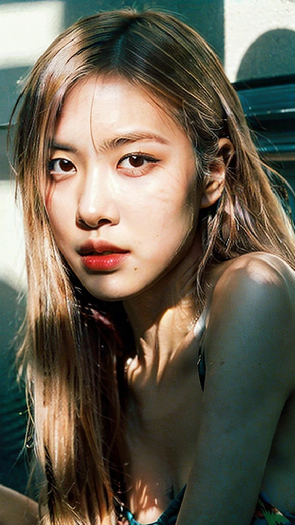 {top-quality}, {{masterpiece}}, {extremely delicate and beautiful},Outstanding light and shadow, highly detailed wallpaper,Clear and bright sunlight,1girl、gaze looking beyond,red blush,Strong sunshine,delicate and messy hair,realistic skin textures, Pronounced pores and skin wrinkles,tropical rainforest,((strong light shines on the face)), full body, naked portrait, nude photography, detailed armpit, pussy pubic hair, shiny nipple