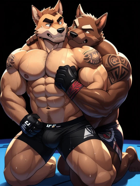 Duo male fighters(Brown Dog vs Brown Dog, handsomes, perfect eyes, Thick eyebrows), beso gay(Cuddling kneeling embraced from behind and from the neck, resting in the shoulders in a UFC match), hot(Full body, shirtless), handsomes(They are handsomes, correct anatomy), musculosos(Big muscle bodies, Six packs, muscle abs, big pecs, muscle legs, muscle backs), sweaty(very sweaty wet bodies), tatuajes(they have tattoos), Angry(They have an angry expression), UFC gloves(They both are wearing UFC gloves), Boxers(They are wearing Black boxers, big bulges), Hight resolution, Black background