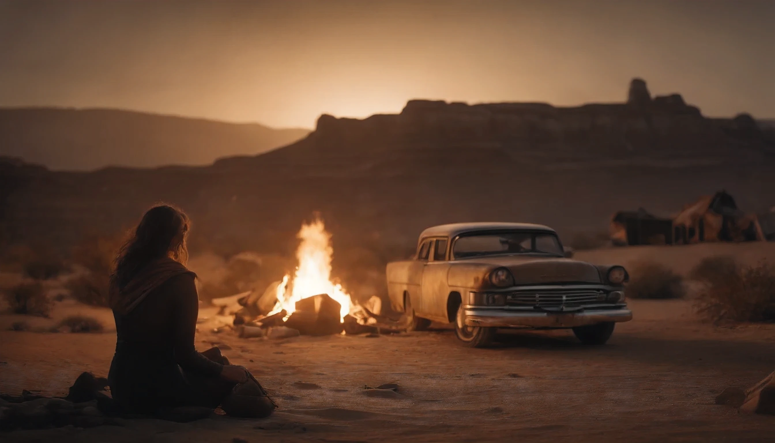 Desert dotted with ruins, rubble, broken vehicles, a woman sitting in front of a Campfire, the world of fallout,