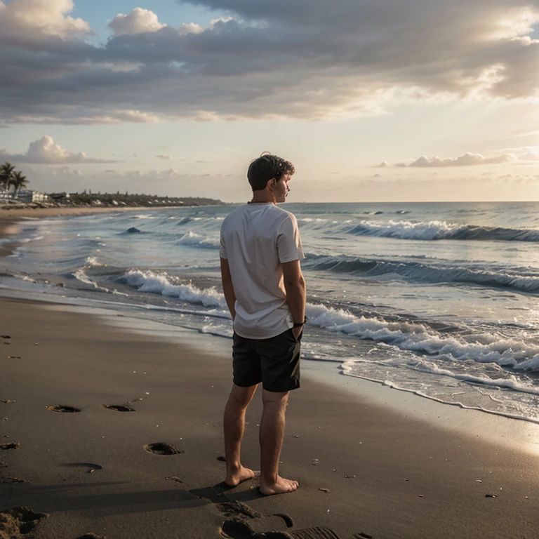 A sad boy standing on beach showing his back