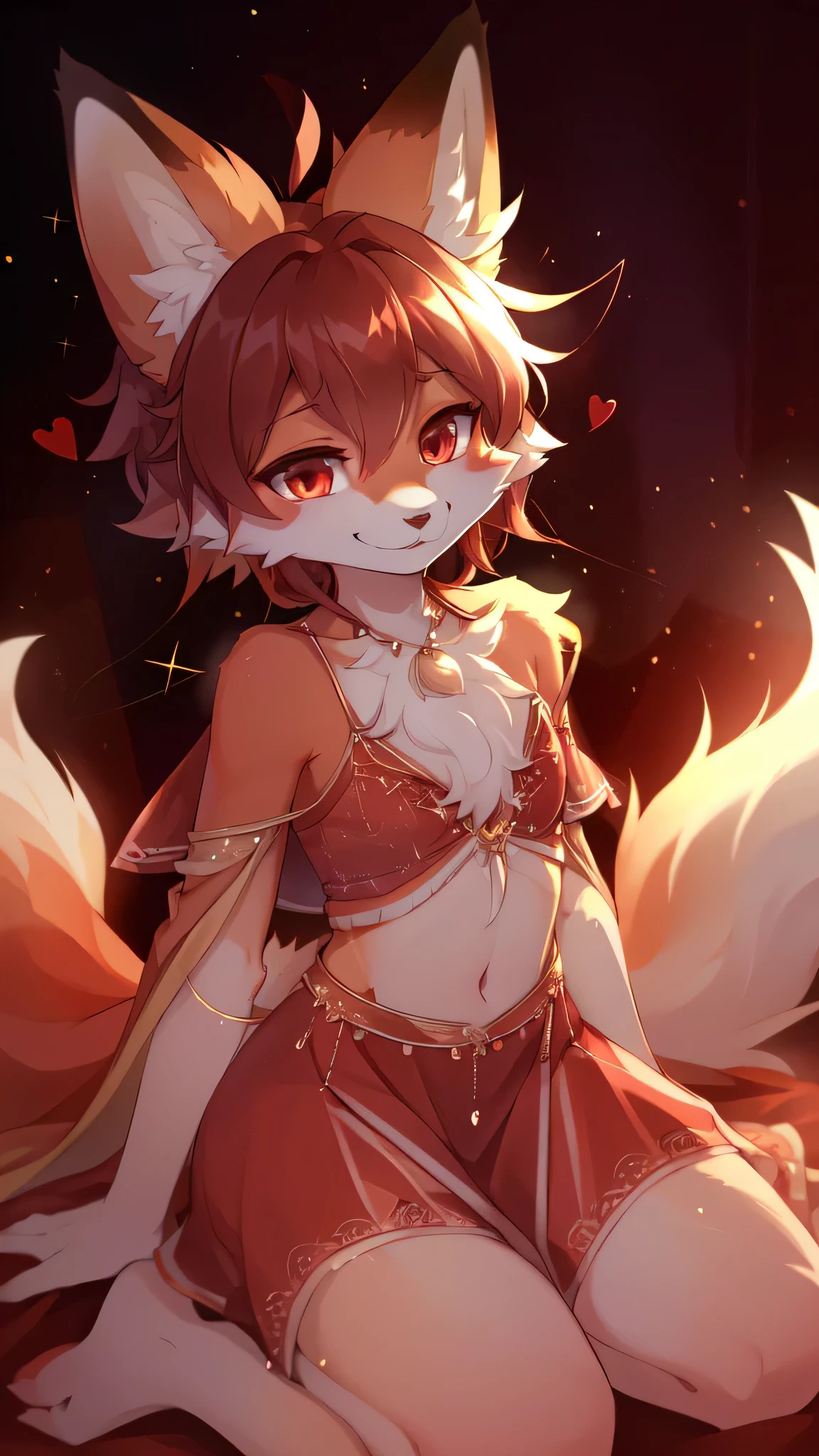 best quality,best resolution,(fluffy anthro furry :1.6),(young :1.8),fox girl,flat chest,(red hair :1.6),long hair,wavy hair,orange eyes,glistering eyes,sparkle eyes,ultra detailed eyes,(orange fur),(white dress with gold embroidery),heart choker,floral hair ornaments,gold bracelets,gorgeous restaurant,chanderia,sparkle stars surrounded,romantic light,full face blush,looking at viewer,heart expression eyes,heart eyes,heavy breath,smile,naughty face,sitting spread legs,open mouth,fangs,very closed eyes,armpits,arches back