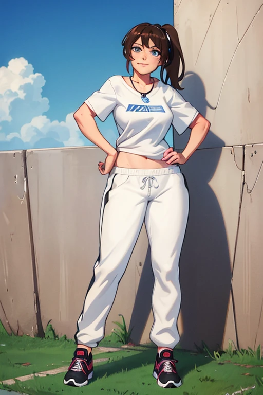 [((masterpiece)), ((high res)), ((full body portrait)), ((front view)), ((detailed shading)), ((intricate details)), ((anime girl)), ((cinematic)), {attractive; ((36 year old woman)), (brown hair), (short ponytail), (cute blue eyes), ((athletic body)), (curvy hips), (beautiful legs), (cute grin)}, {(white T-shirt), (Black gym sweat pants), (whistle necklace), (black tennis shoes)}, {(standing), (hands on hips), (looking ahead), (looking at viewer)}, [background; (grass plains), (school soccer field), (blue sky), (clouds in sky)]
