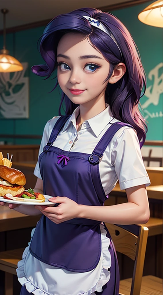 ((best quality)), ((highly detailed)), masterpiece, (detailed eyes, deep eyes), (1girl), dynamic angle, cowboy shot, mlprarity, woman, smile, looking at viewer, ((bright purple hair)), ((blue eyes)), (((waitress uniform))), cleavage, (indoor diner), light purple dress, apron, short skirt, collared shirtwoman, sexy, rosy cheeks, medium breasts, realistic proportions, (((unlacing bodice))), unbuttoned blouse, holding a plate, (((apron))), short sleeves, headband, 