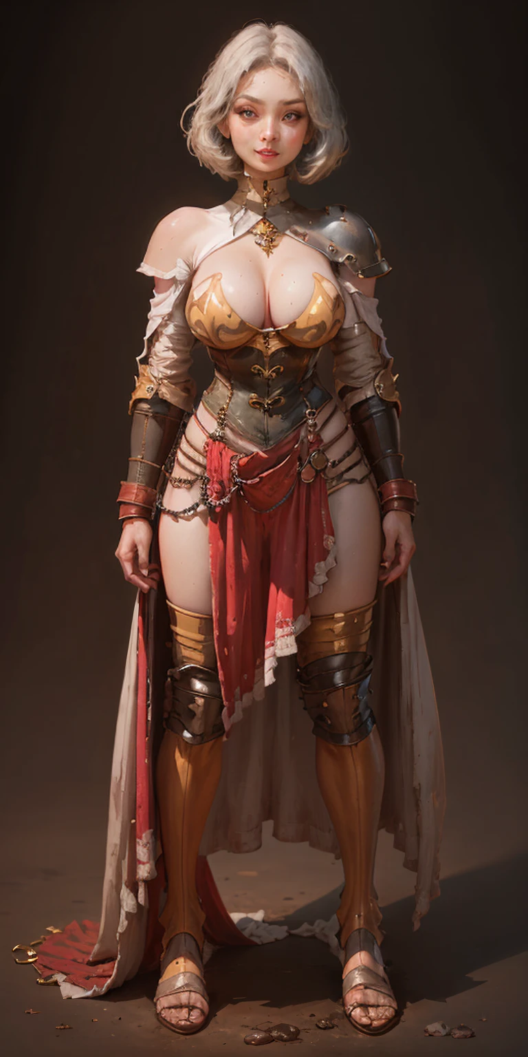 ((BLACK BACKGROUND 1:2, masterpiece)) 1solo female full body MILF BIMBO standing straight symmetrical with two long thighs and two metal sandals,
red eyes like rubies, eye focus looking to the viewer, silver white hair, short bob style hair,
big knockers breastplate, breastplate, cleavage,
tiara royal,
long cape up to two feet,
yellow bikini (yellow tiger stripes),
lustful smirking smiling, smile face (red blushed, red cheeks),
pauldrons metal shoulders, gold sleeveless bracelets, separate sleeves, hands on waist hands OR hips, golden bracers, metal handcuffs,
leather corset, red loincloth,
black leather choker slave collar, shackles bracelets,
slave red crest under navel, navel,
feet together, metal ankle, two long thighs and two metal sandals