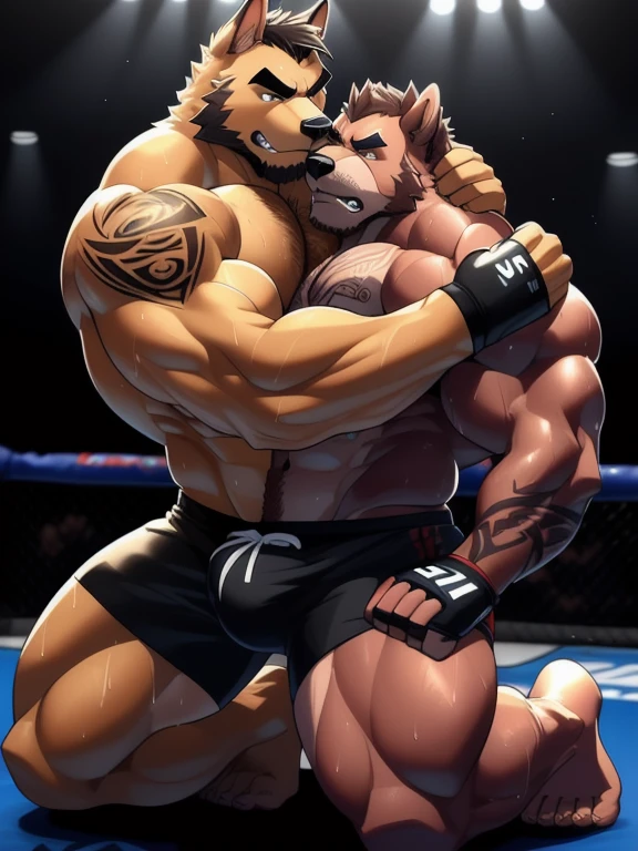 Duo male fighters(Brown Dog vs Brown Dog, handsomes, perfect eyes, Thick eyebrows), beso gay(Cuddling kneeling embraced from behind and from the neck, resting head in the shoulders in a UFC match), hot(Full body, shirtless), handsomes(They are handsomes, correct anatomy), musculosos(Big muscle bodies, Six packs, muscle abs, big pecs, muscle legs, muscle backs), sweaty(very sweaty wet bodies), tatuajes(they have tattoos), Angry(They have an angry expression), UFC gloves(They both are wearing UFC gloves), Boxers(They are wearing Black boxers, big bulges), Hight resolution, Black background