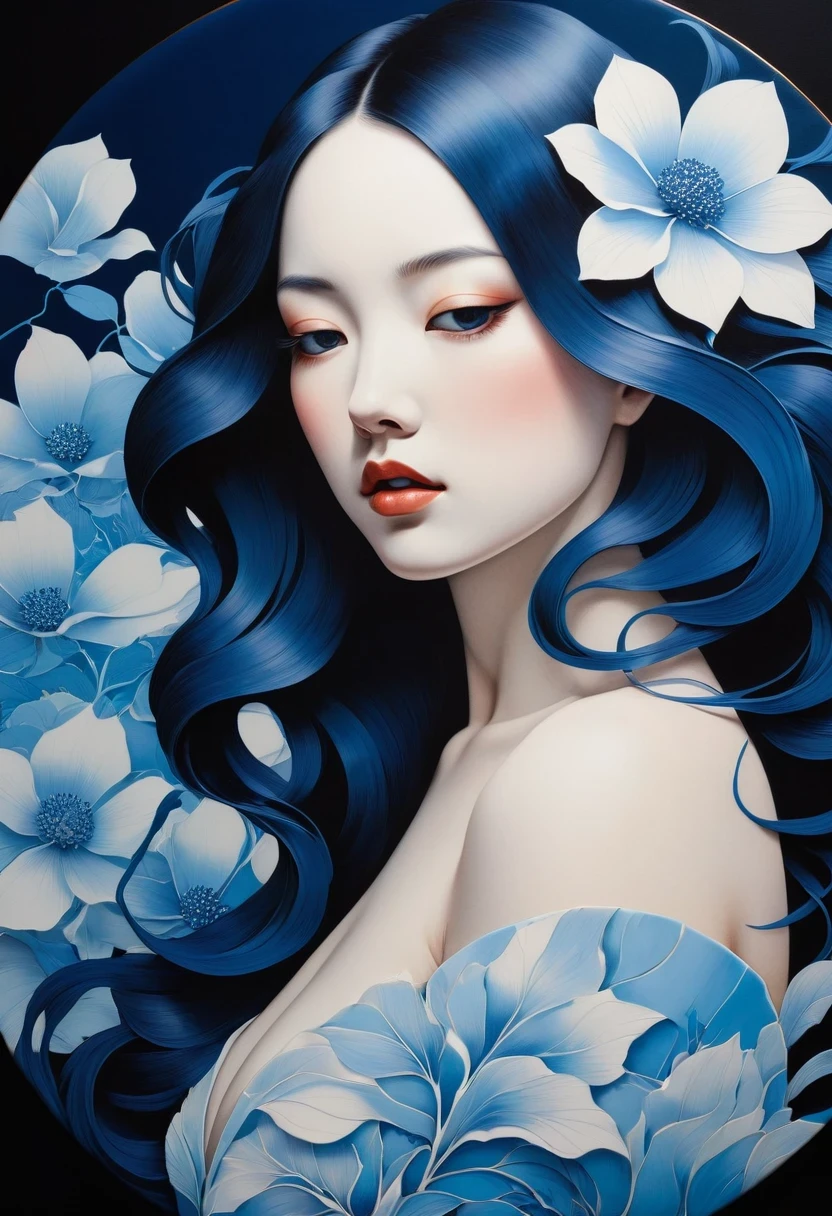 chiaroscuro technique on sensual illustration of an elegant , retro and vintage ,silky flower around body, matte painting, by Hannah Dale, by Harumi Hironaka, extremely soft colors, Blue and white porcelain,Ceramic material,femele,Embossed petals,artwork of a,Long hair, circle eyes, shadowing, anaglyph, stereograms, angle of view, Atmospheric perspective, 8K, Super detail, ccurate, Best quality