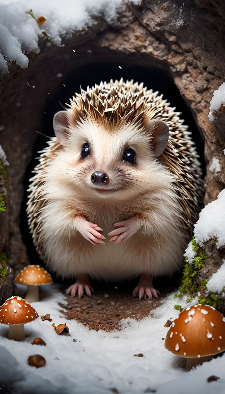 Collection Art Style, Beautiful and detailed,(Cute little hedgehog standing at the entrance of the cave, He stretched out his little head and looked at it warily.) nut, mushroom, fruit, very cute. background: It snowed heavily,background:(Snow covered cave entrance),
