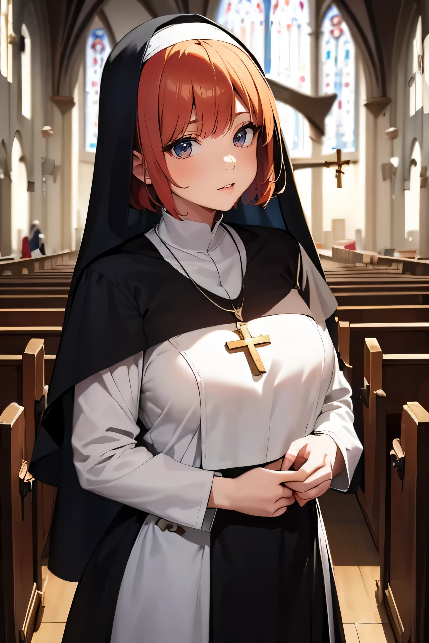 Ginger hair, short hair, straight bangs, nun uniform, woman, illustrations, high-quality, ultra-detailed, realistic, vivid colors, portraits, warm tones, soft lighting. ((Necklace with a cross)). Woman. Full body (Church) (Dinamyc poses) ((Different perspectives))